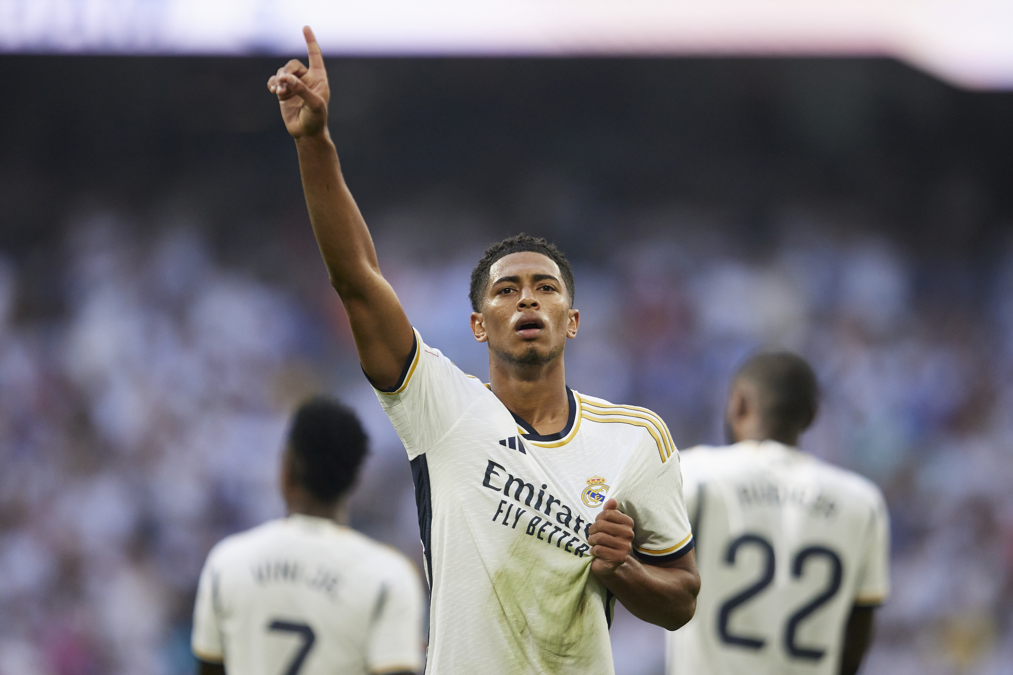 Jude Bellingham celebrates after scoring a goal.