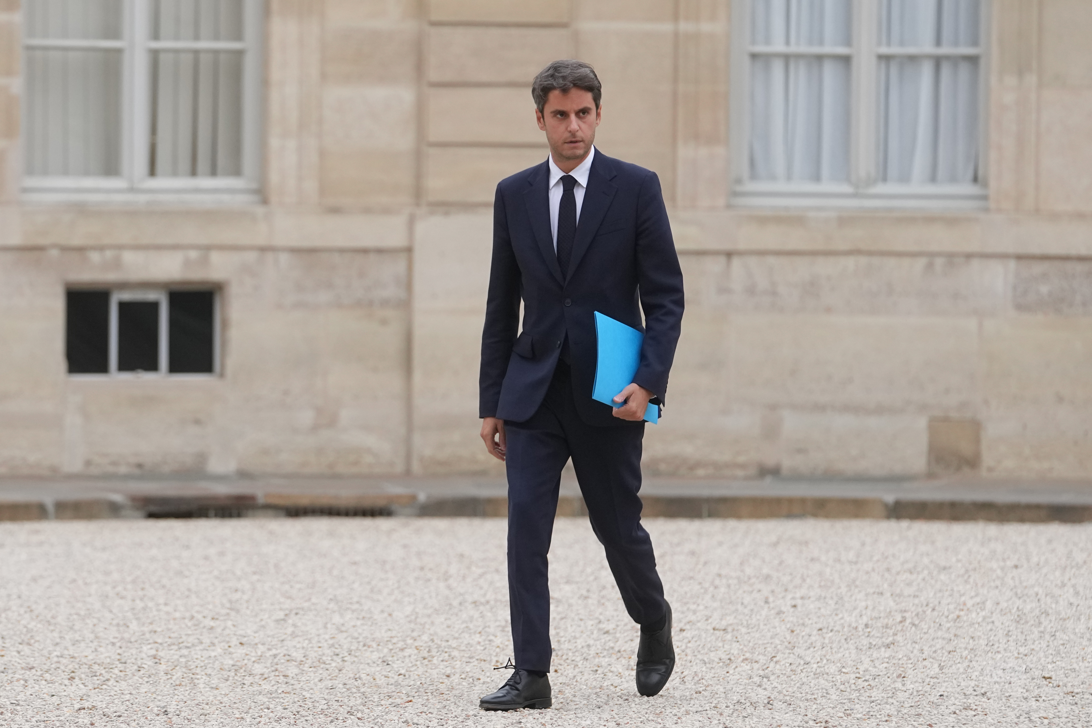 Former French Prime minister Gabriel Attal arrives for a meeting with French president Emmanuel Macron at the Elysee Palace, in Paris, Friday, Oct. 10, 2025. (AP Photo/Thibault Camus)