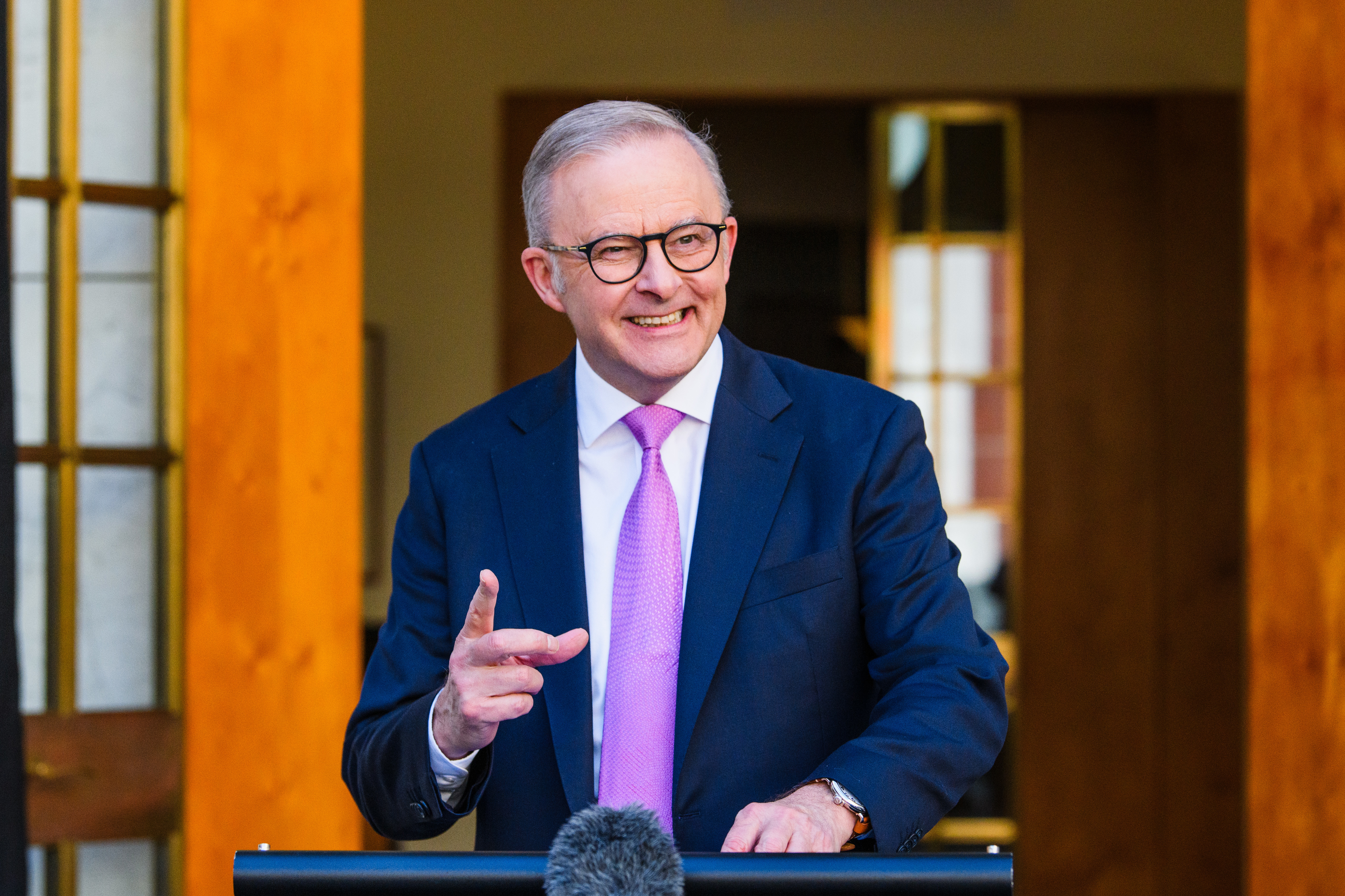 Australian prime minister Anthony Albanese first Press conference at Parliament House, Canberra for the first time since winning a second term over the weakened against Opposition leader Peter Dutton. Monday 5th May 2025. Photo: James Brickwood. SMH NEWS 250505 