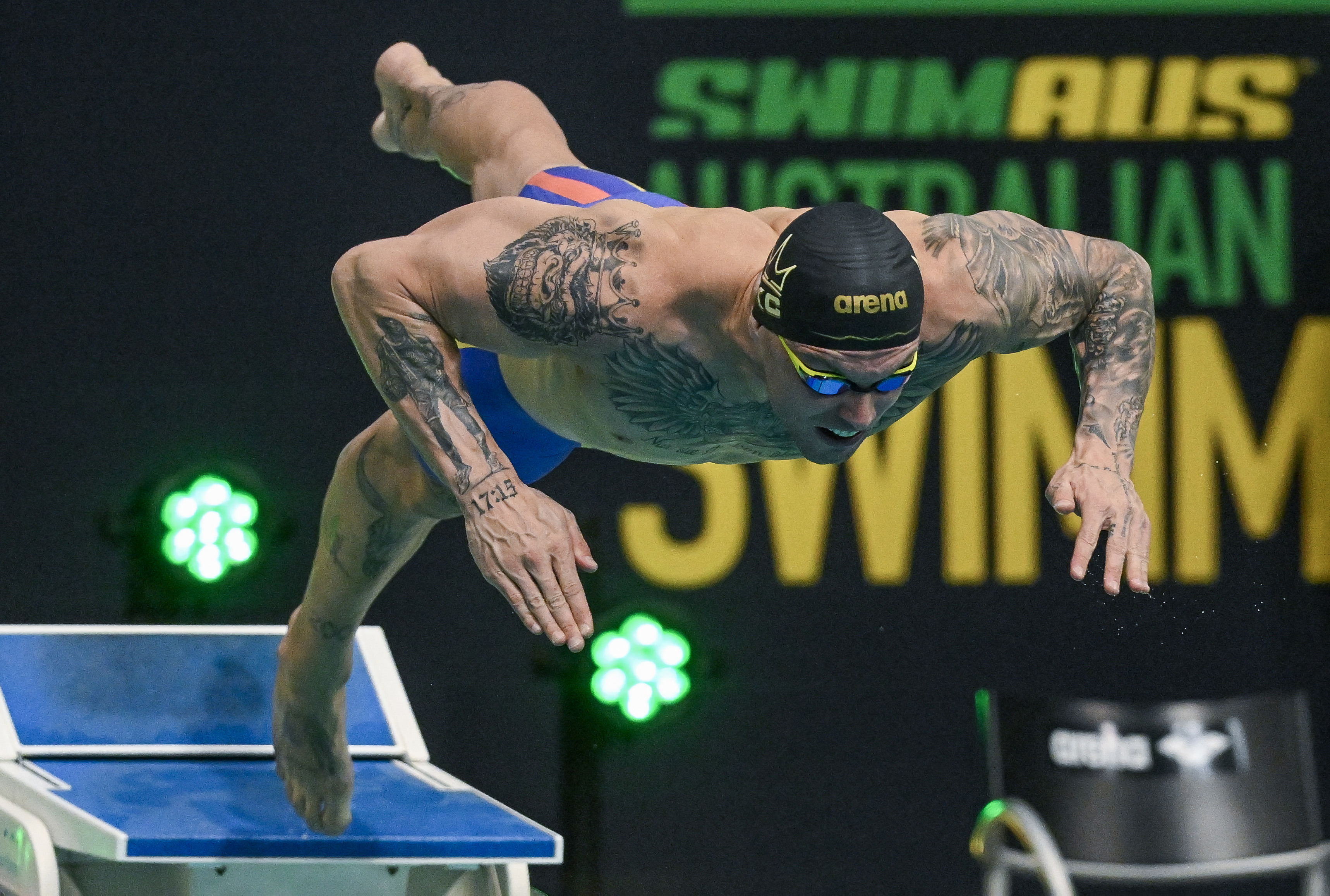 Kyle Chalmers launches into the water for the men's 50m freestyle final at the 2025 Australian trials.