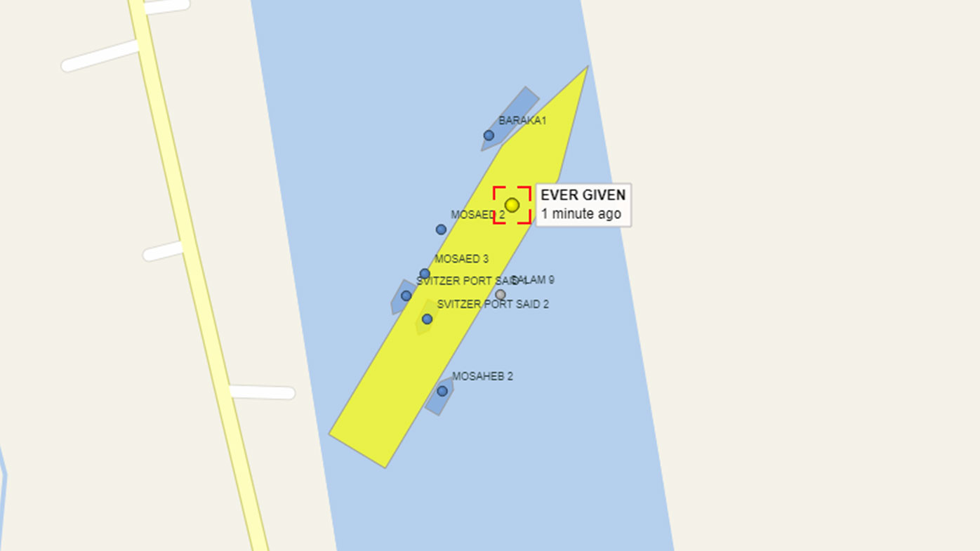 Tugboats (seen in blue) are trying to push the Ever Given in the right direction.