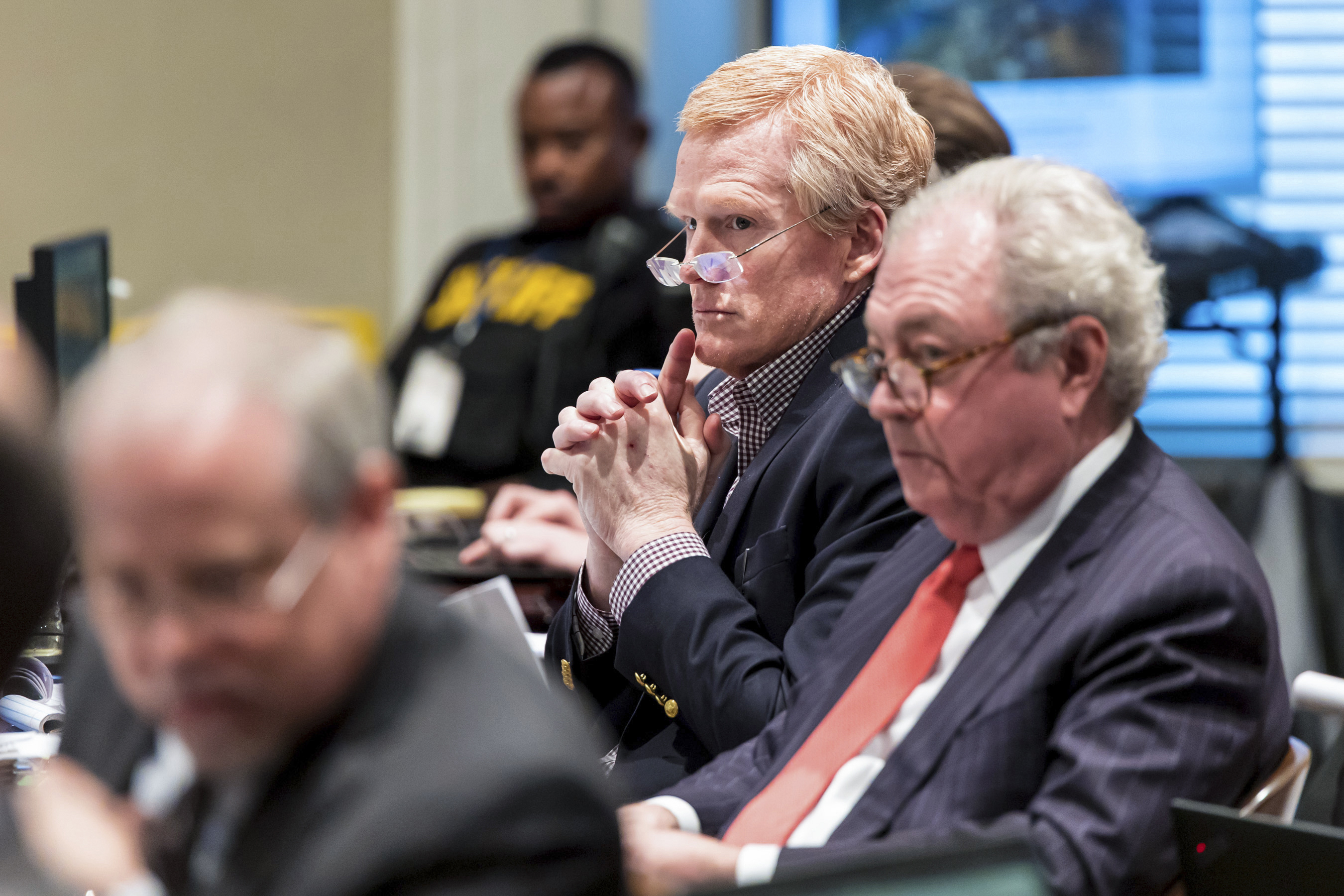 Alex Murdaugh, centre, listens to witness testimony during his double murder trial at the Colleton County Courthouse on Tuesday, Feb. 21, 2023, in Walterboro, S.C.