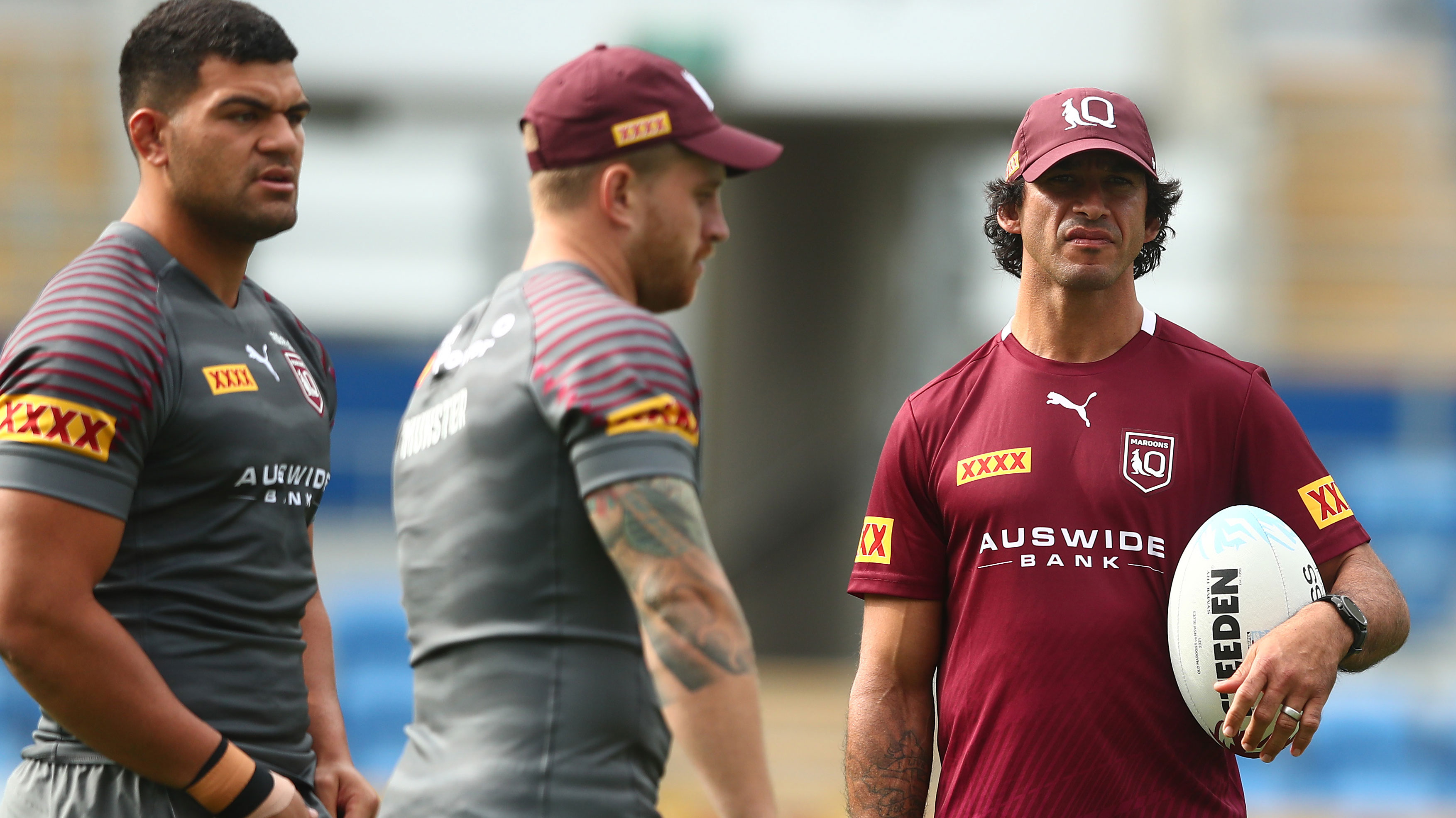 Queensland great Johnathan Thurston watches over a Maroons training session.