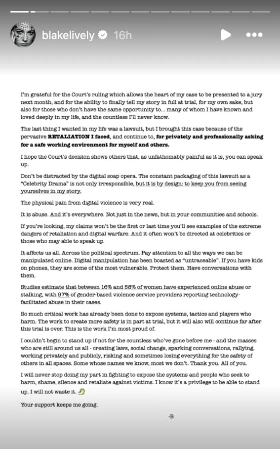 Blake Lively statement after judge threw out 10 of 13 claims in lawsuit April 5 2026