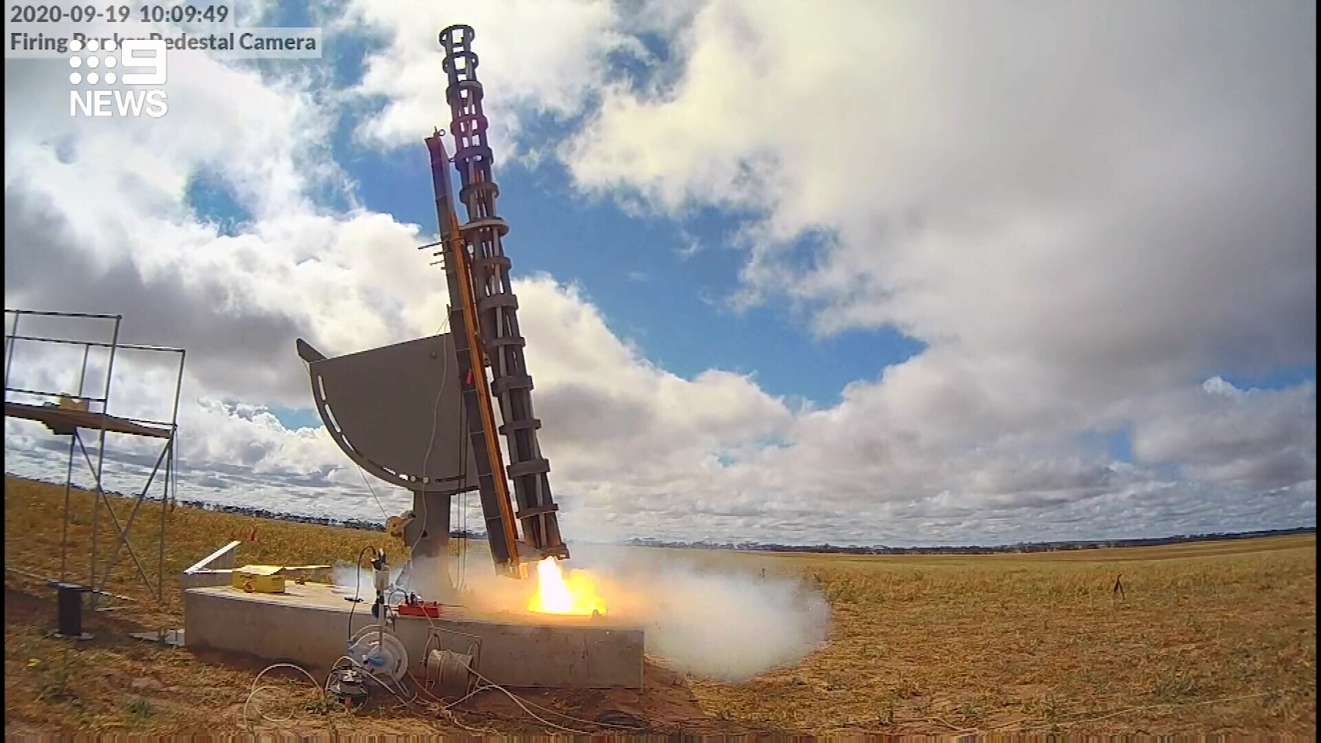 The rocket blasts off.