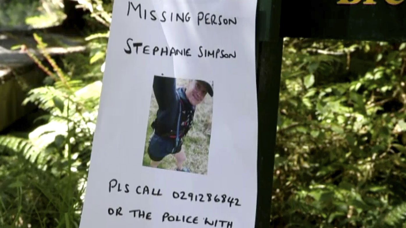 This Tuesday, Feb. 11, 2020, image made from video shows posters including a photo of British hiker Stephanie Simpson, left bottom, at Mount Aspiring National Park, New Zealand. Searchers found the body of Simpson on Friday, Feb. 14, 2020, almost a week after she went hiking in the national park. 