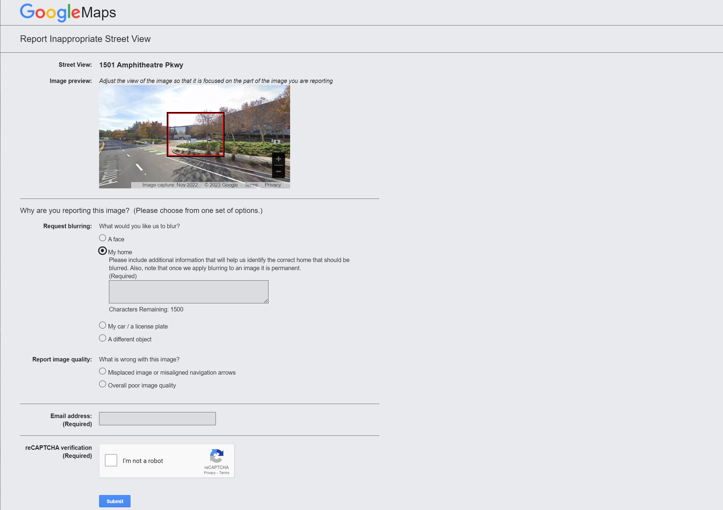 The Google Maps "report a problem" screen, where you can request to have your house blurred.