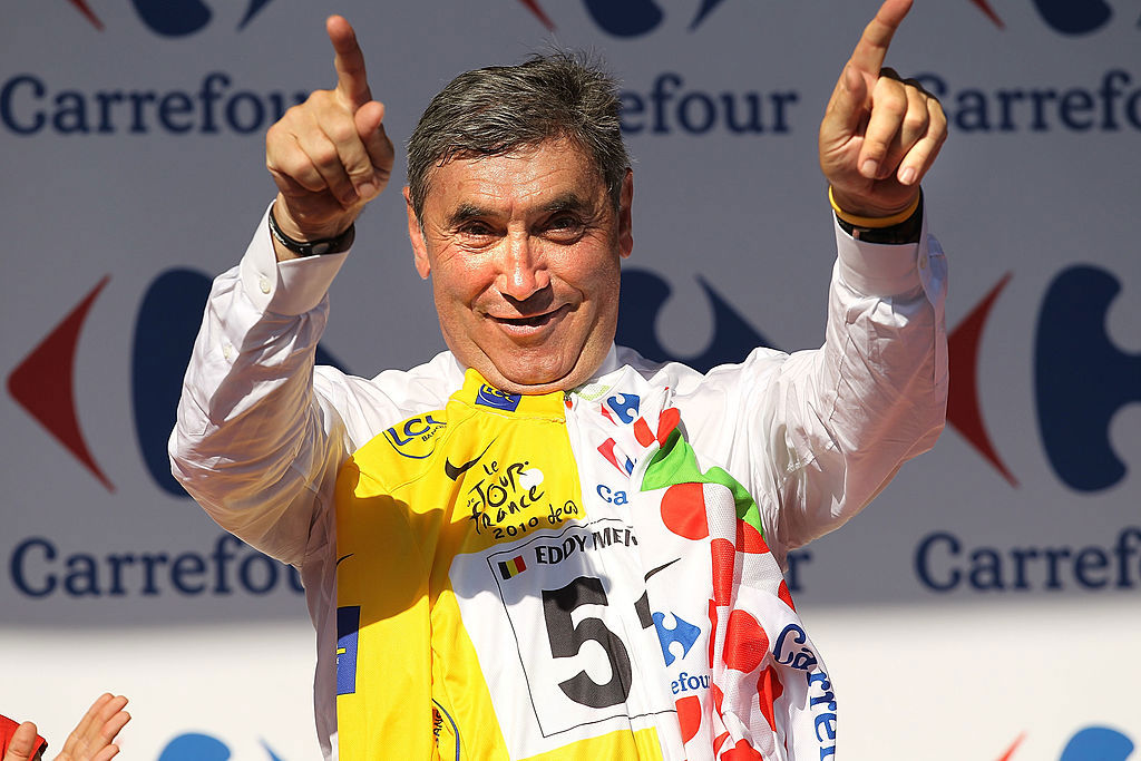 Former cycling champion Eddy Merckx stands on stage following stage one of the Tour de France July 4, 2010 