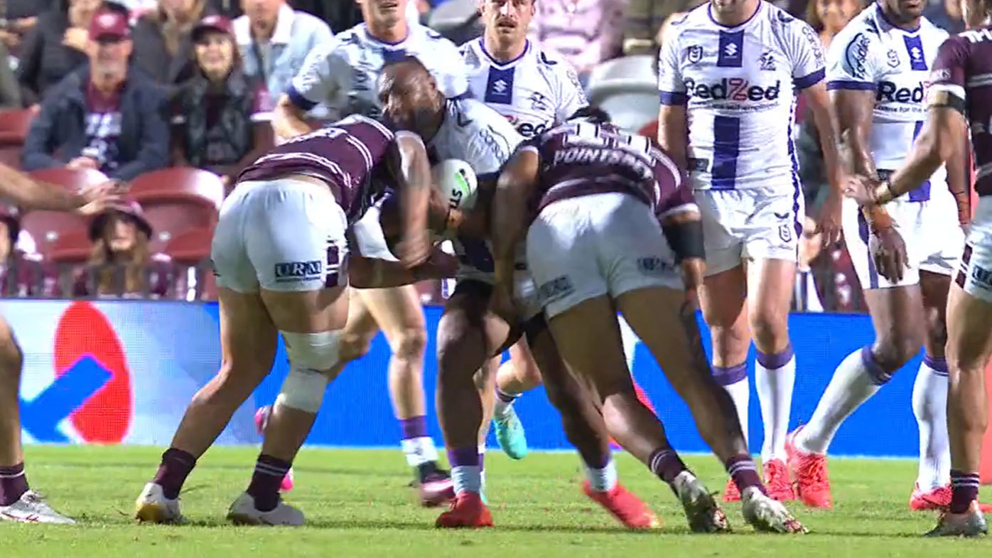 Storm hard man Justin Olam was forced off the field as a result of this monster hit in the first half