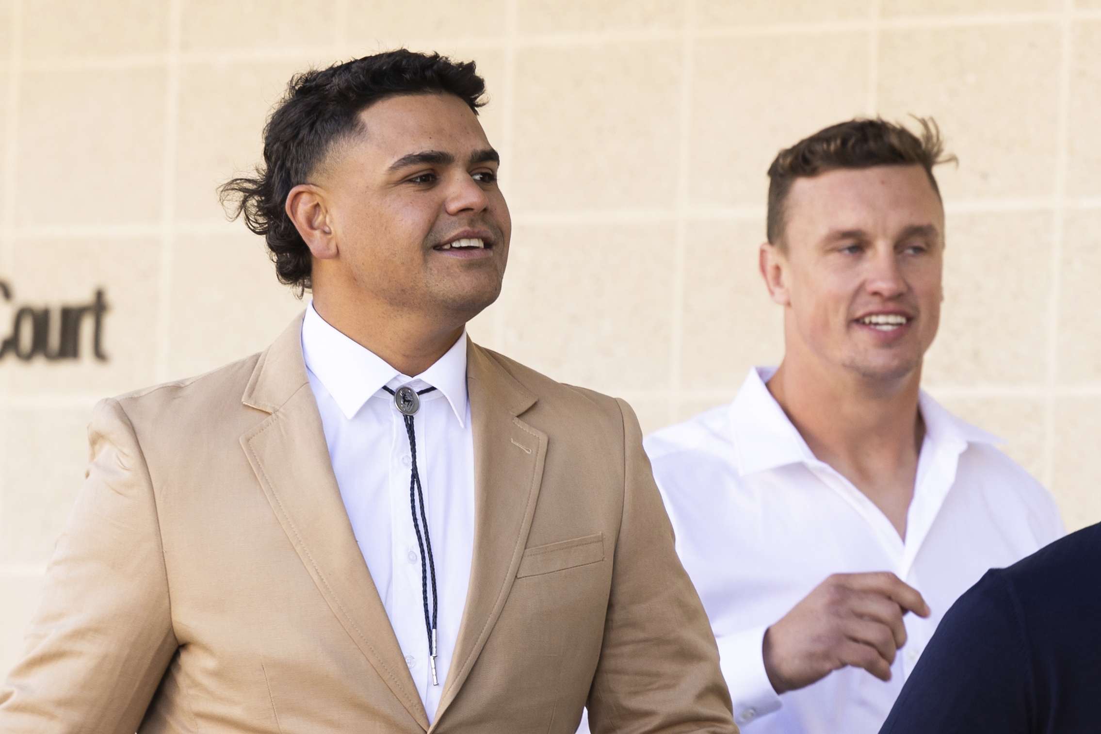 NRL players Latrell Mitchell and Jack Wighton arrive at ACT Magistrates Court, in Canberra on Tuesday 31 October 2023. fedpol Photo: Alex Ellinghausen