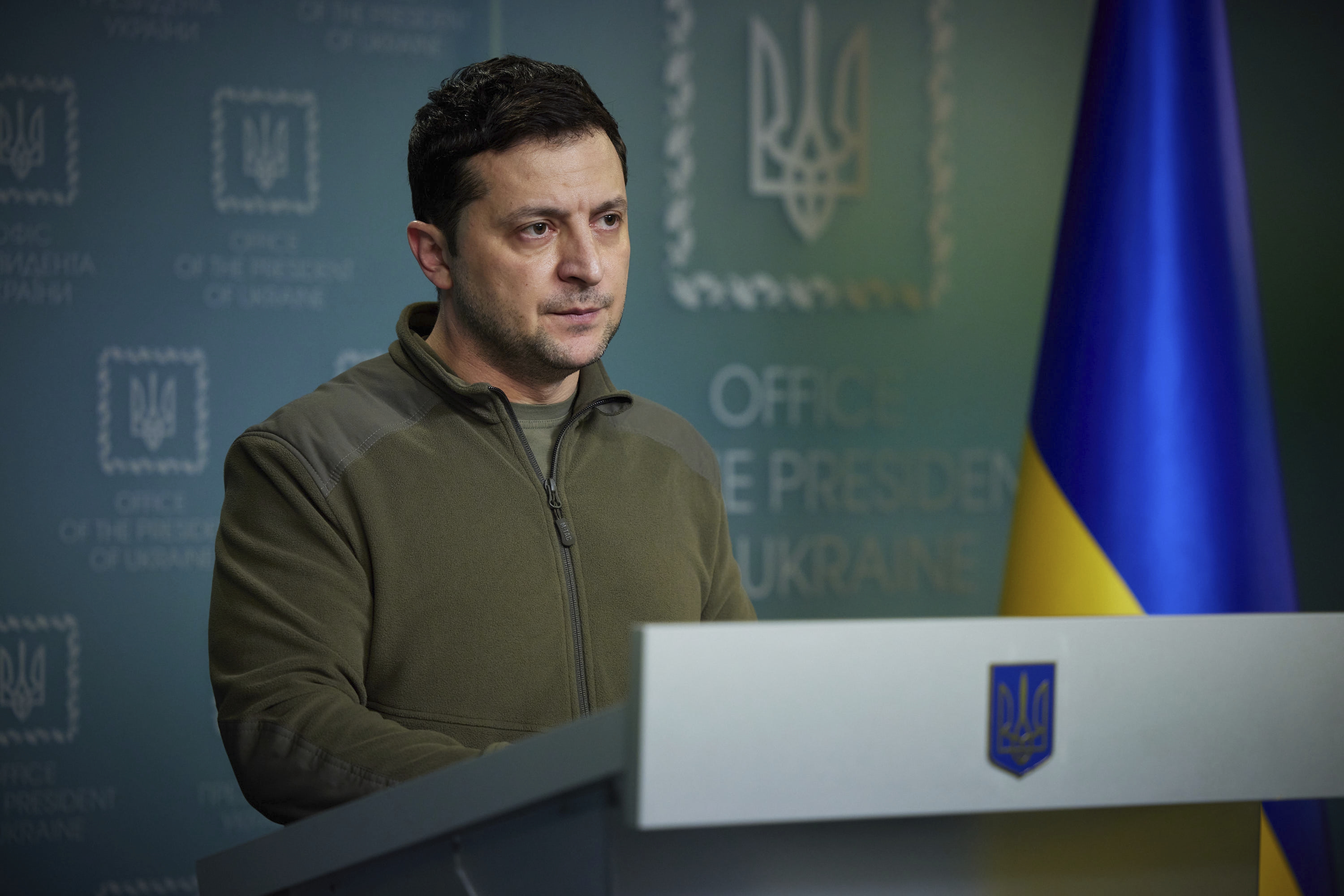 Ukrainian President Volodymyr Zelenskyy delivers his speech addressing the nation in Kyiv, Ukraine, Friday, Feb. 25, 2022. 