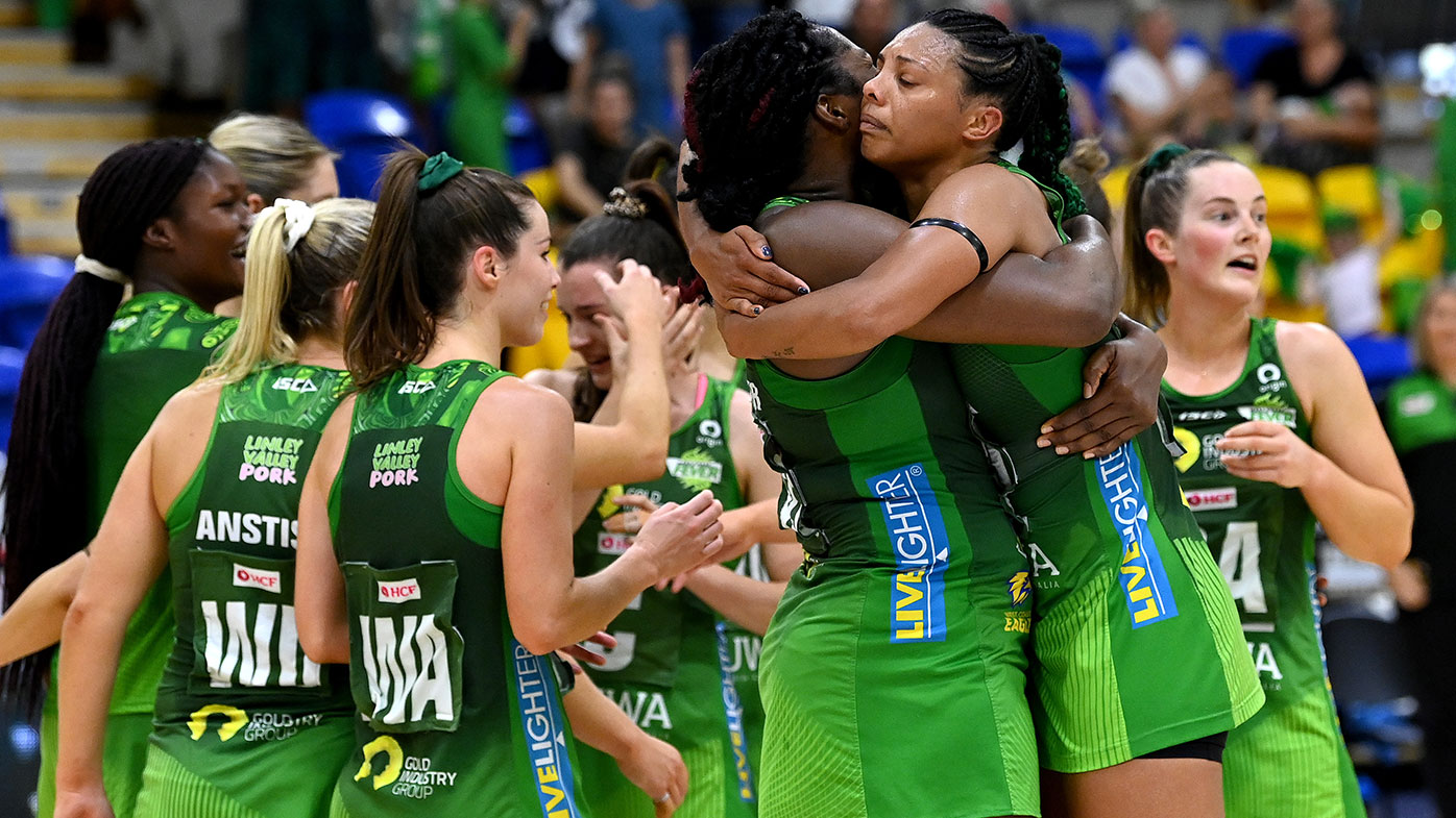 Fever celebrate victory after the Super Netball Preliminary Final match between the Sunshine Coast Lightning and the West Coast Fever