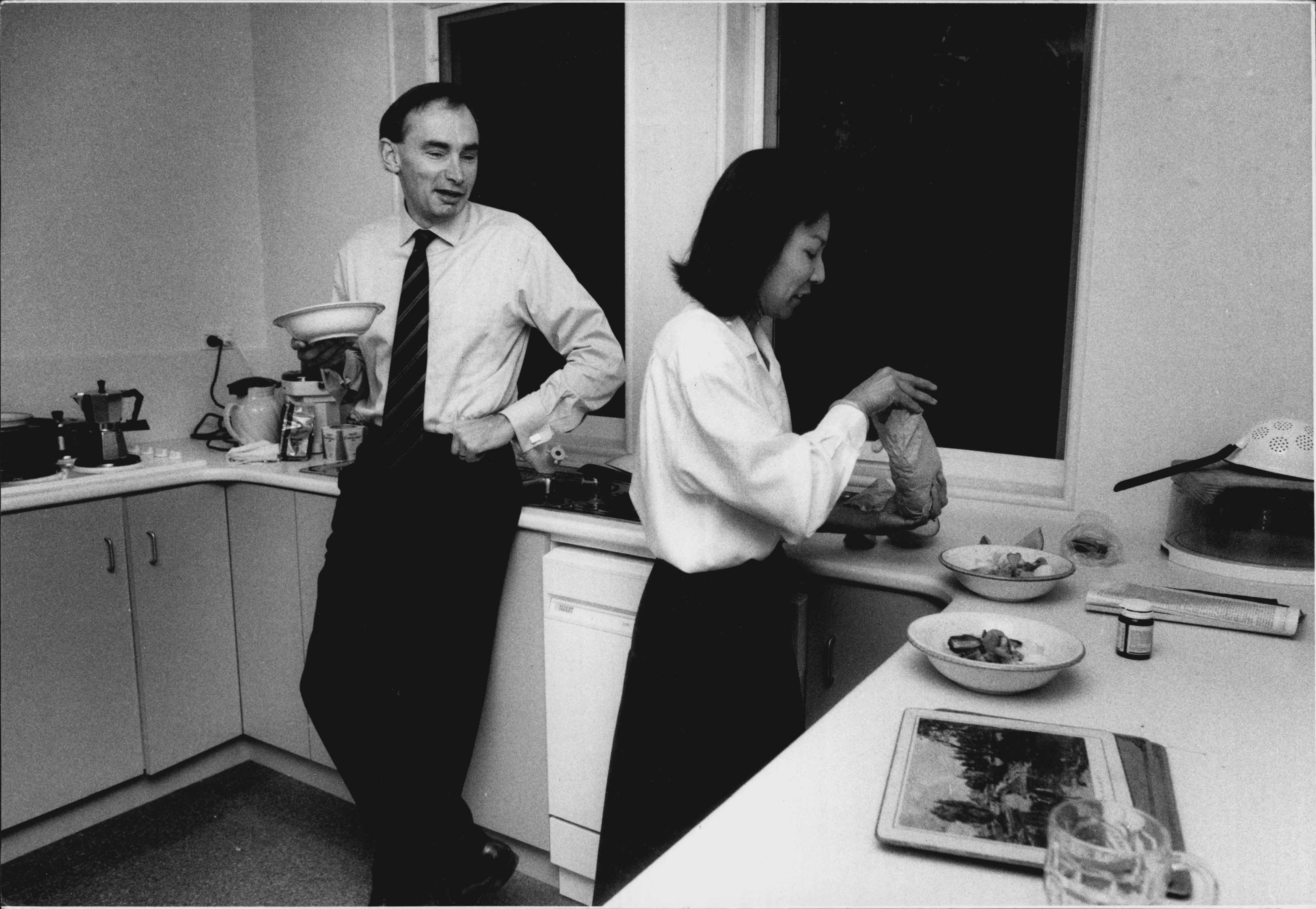 Bob Carr gets ready for the campaign trail. Wife, Helena, usually prepares a breakfast of fruit and bran. May 03, 1991. 