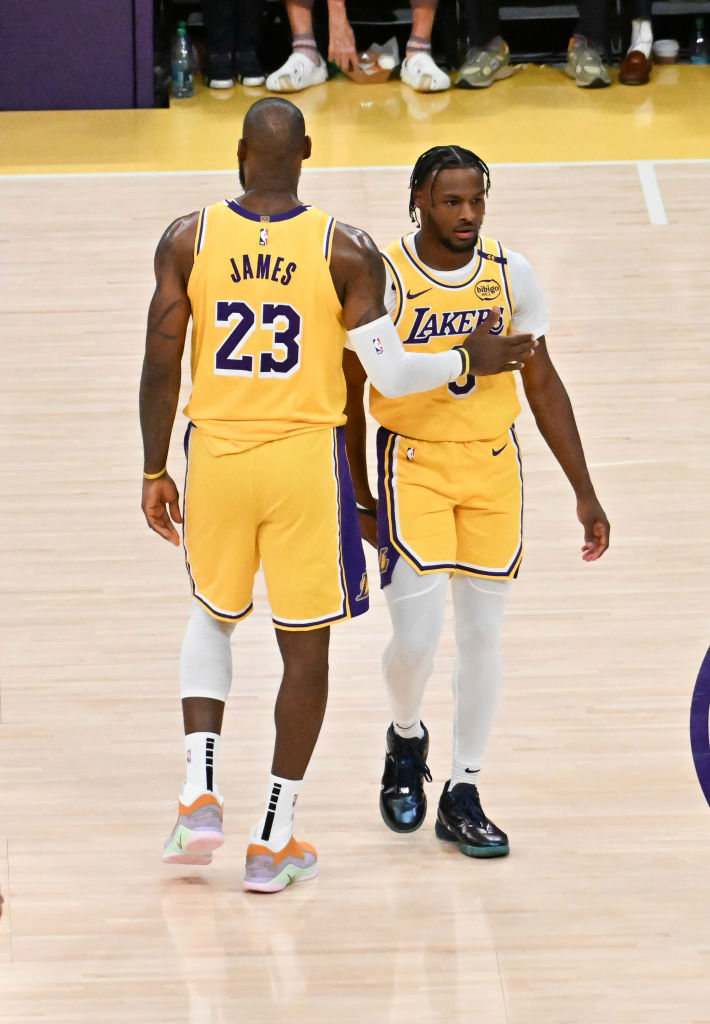 LeBron James #23  and Bronny James #9 of the Los Angeles Lakers.