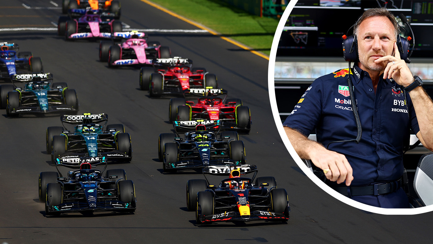 Red Bull Racing team boss Christian Horner and an inset of the start of the Australian Grand Prix.