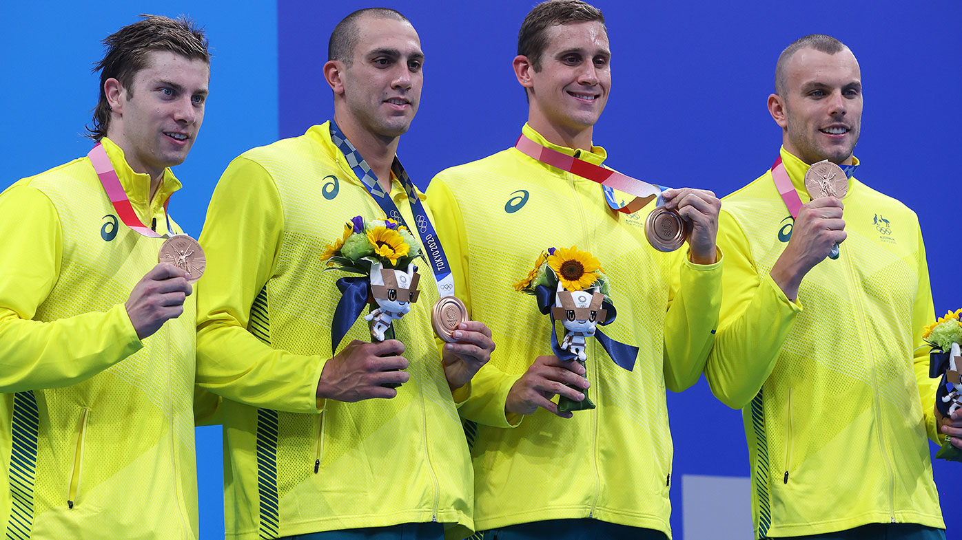 Matthew Temple, Zac Incerti, Alexander Graham and Kyle Chalmers of Team Australia pose with the bronze medal for the Men's 4 x 100m Freestyle Relay Final on day three of the Tokyo 2020 Olympic Games at Tokyo Aquatics Centre on July 26, 2021 in Tokyo, Japan. (Photo by Clive Rose/Getty Images)