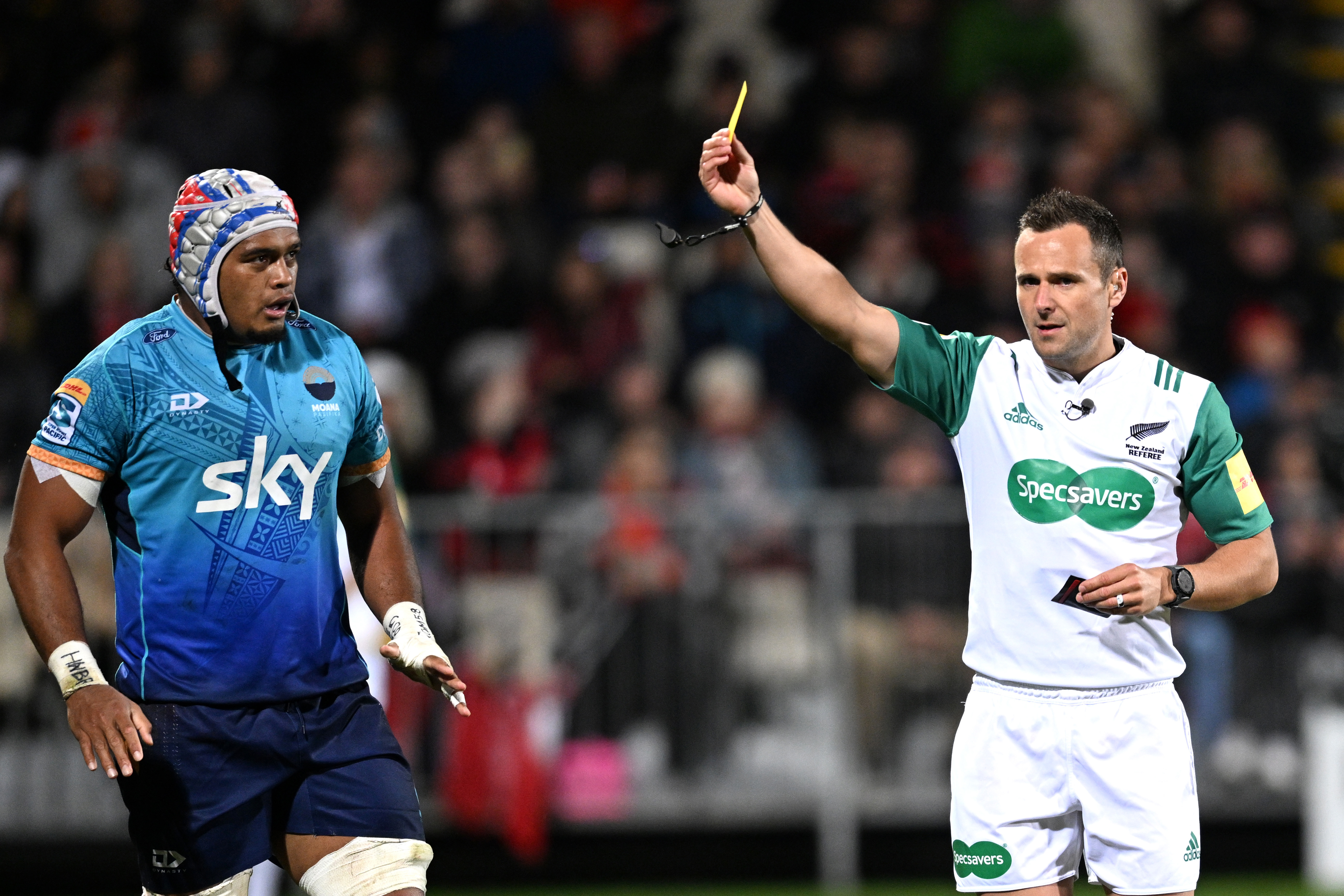 Michael Curry of Moana Pasifika receives a yellow card.