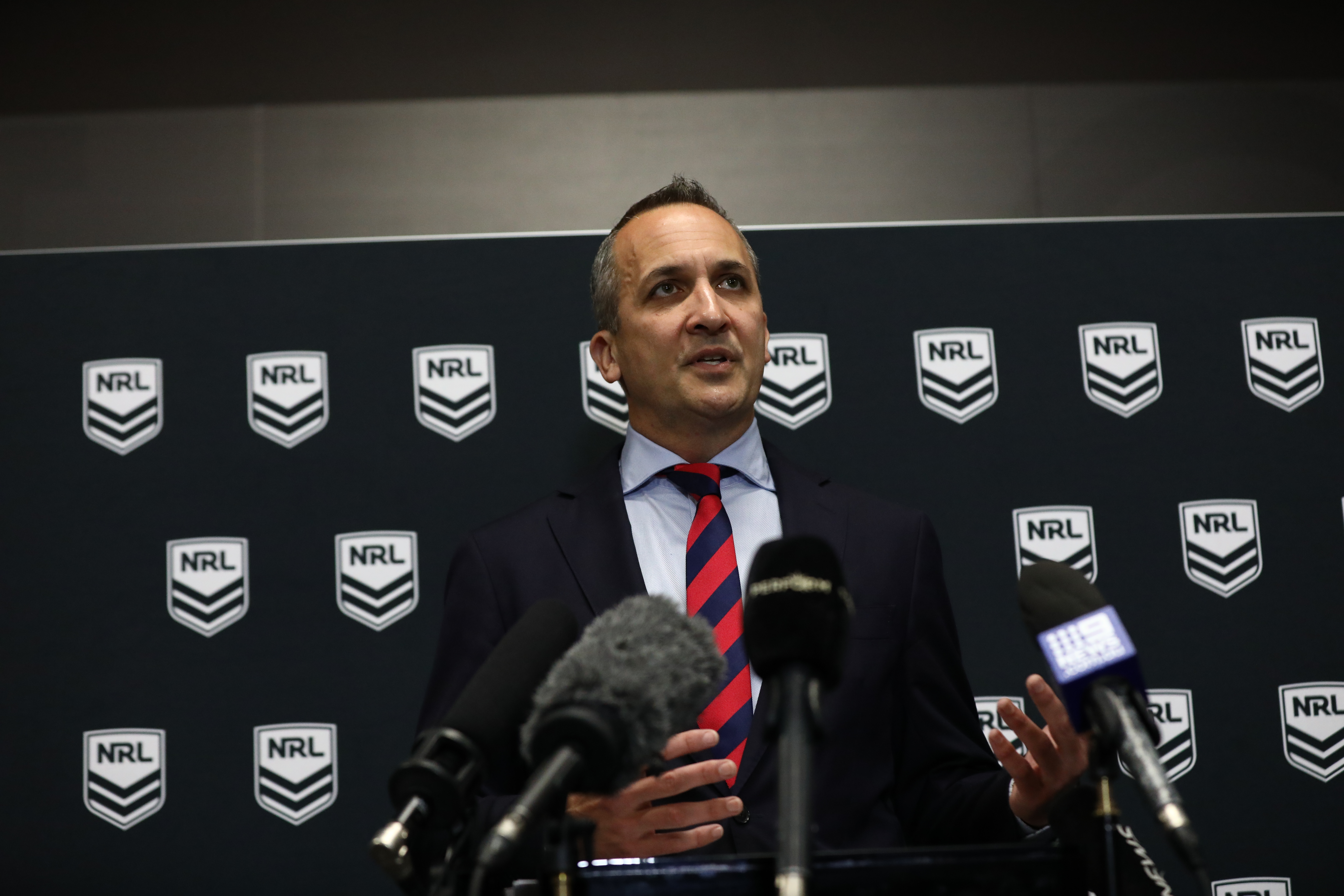NRL CEO Andrew Abdo speaks to the media.