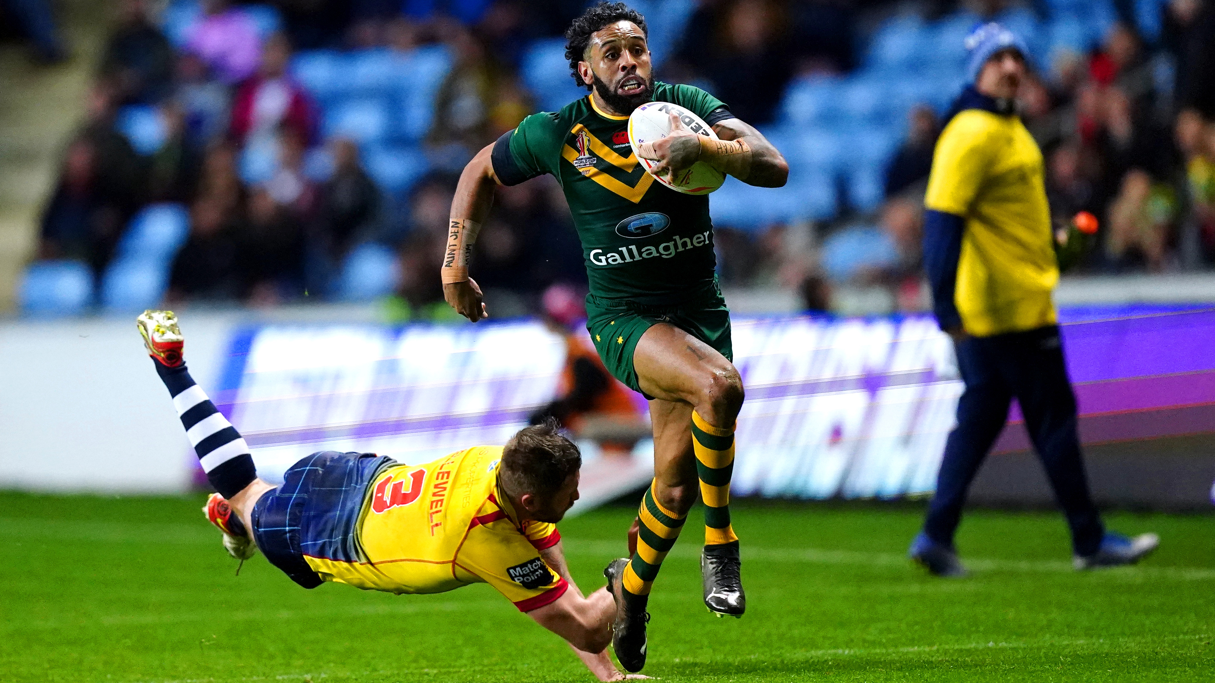 Australia's Josh Addo-Car breaks away to score a try during the Rugby League World Cup group B match at the Coventry Building Society Arena, Coventry. Picture date: Friday October 21, 2022. (Photo by Mike Egerton/PA Images via Getty Images)