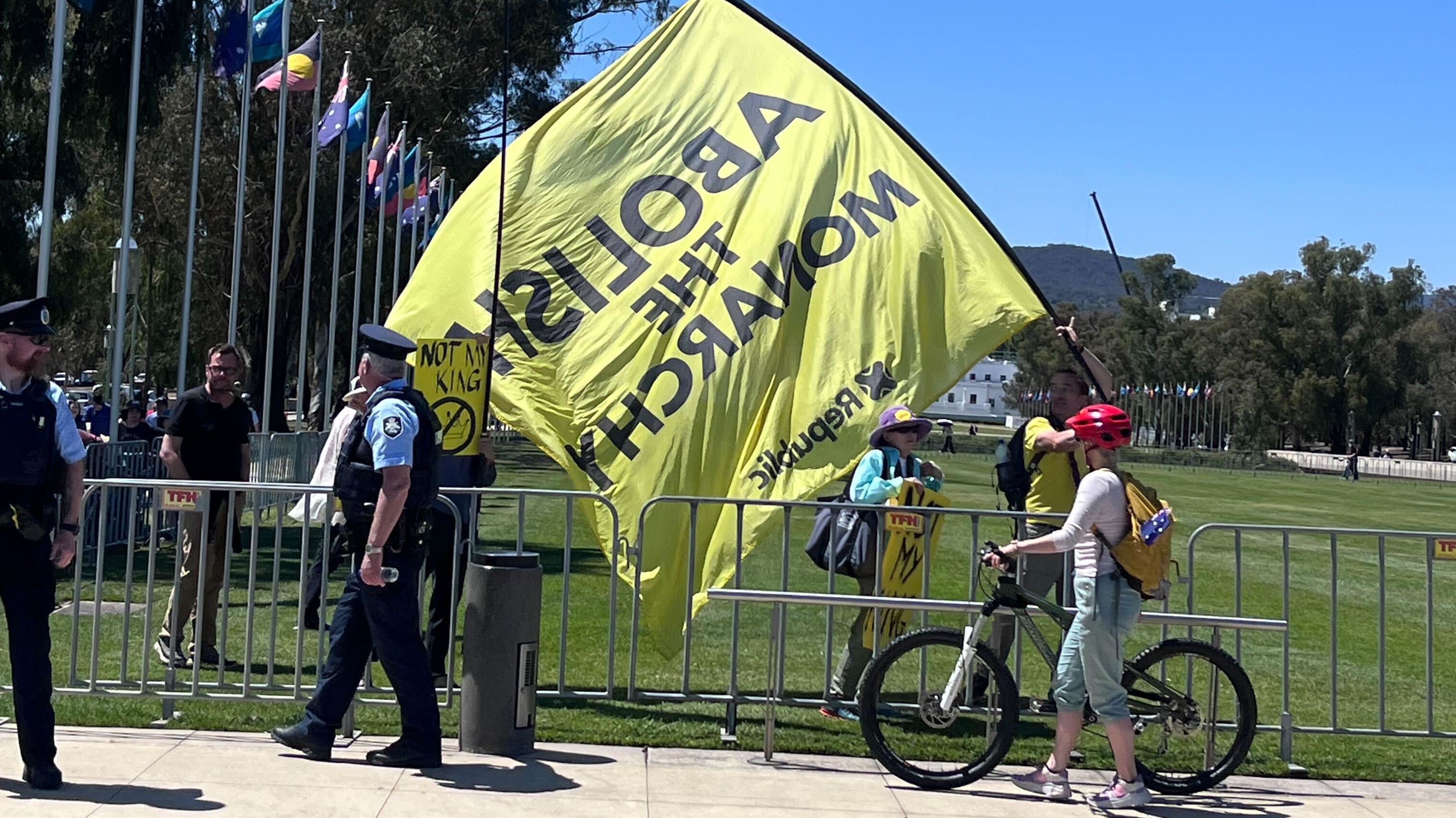 Abolish the Monarchy protesters at Parliament house in Canberra.