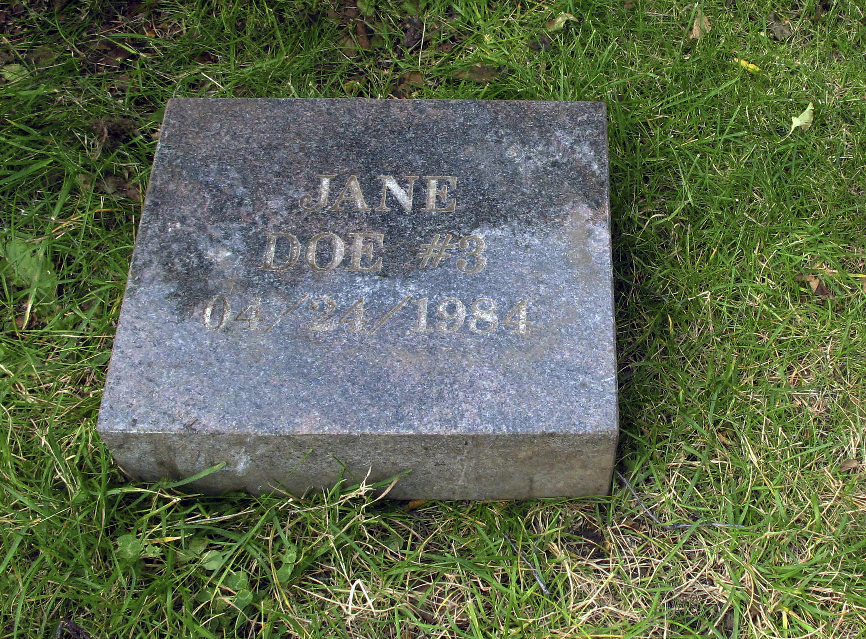 The grave marker for Jane Doe #3 from a cemetery in Anchorage, Alaska. The remains of a woman known for 37 years only as Horseshoe Harriet, one of 17 victims of a notorious Alaska serial killer, have been identified through DNA profiling as Robin Pelkey, authorities said Friday, Oct. 22, 2021. (AP Photo/Rachel D'Oro, File)