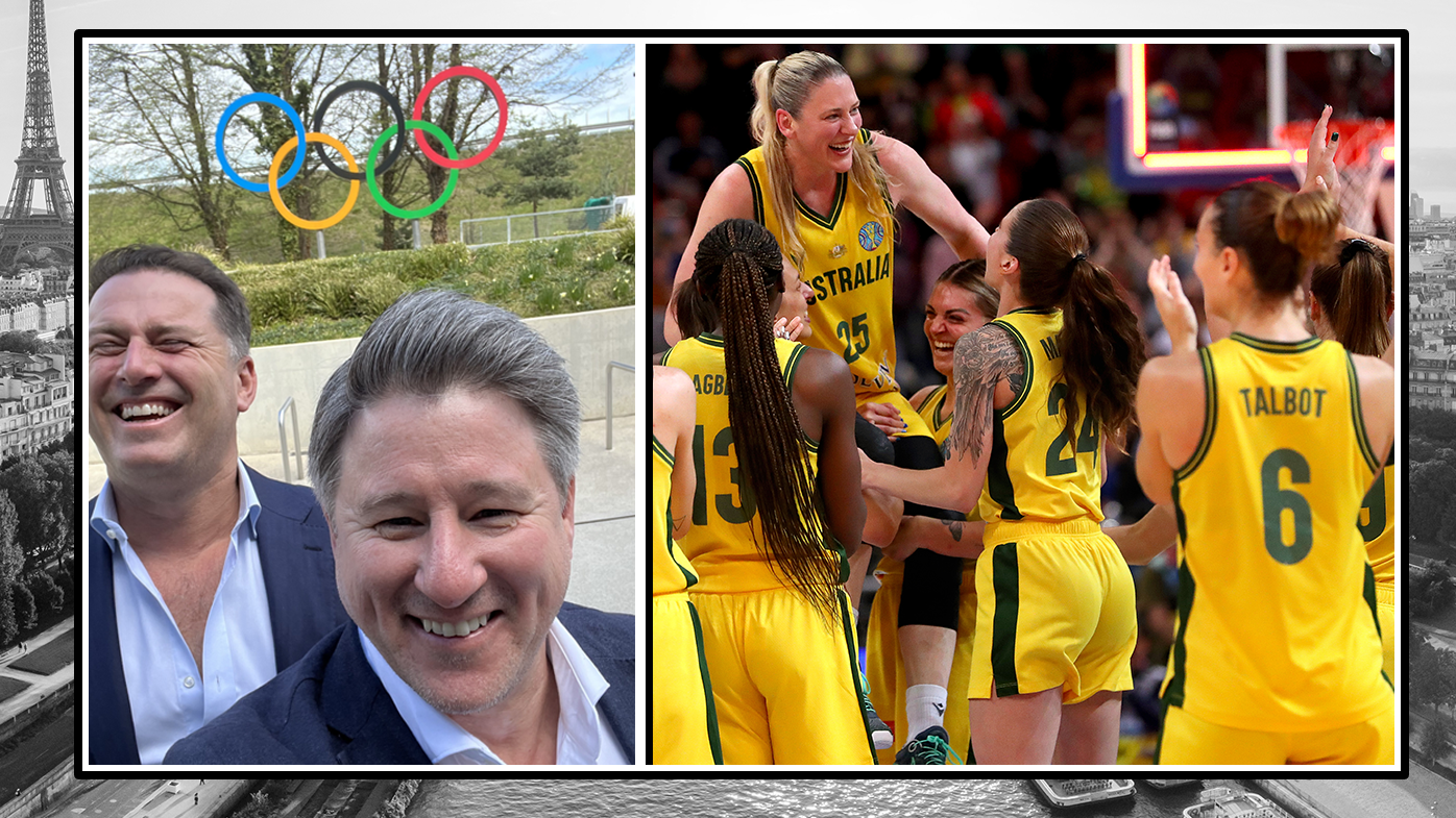 Karl Stefanovic with Mike Sneesby on their visit to the IOC in Switzerland (left) and Lauren Jackson's Opals (right).