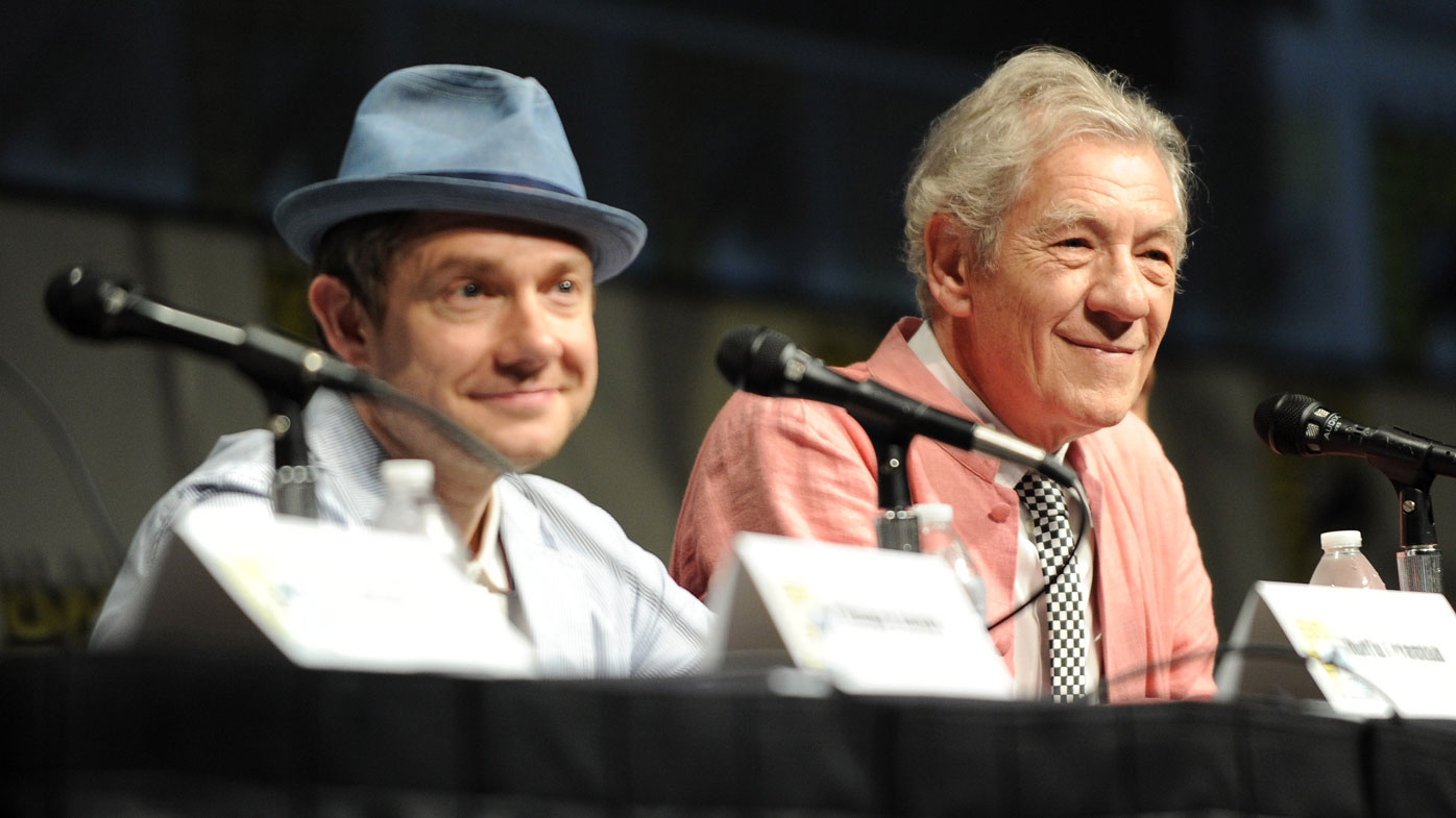 Actors Martin Freeman (L) and Ian McKellen speak at Warner Bros. Pictures and Legendary Pictures Preview of "The Hobbit: An Unexpected Journey" during Comic-Con International 2012 at San Diego Convention Center on July 14, 2012 in San Diego, California