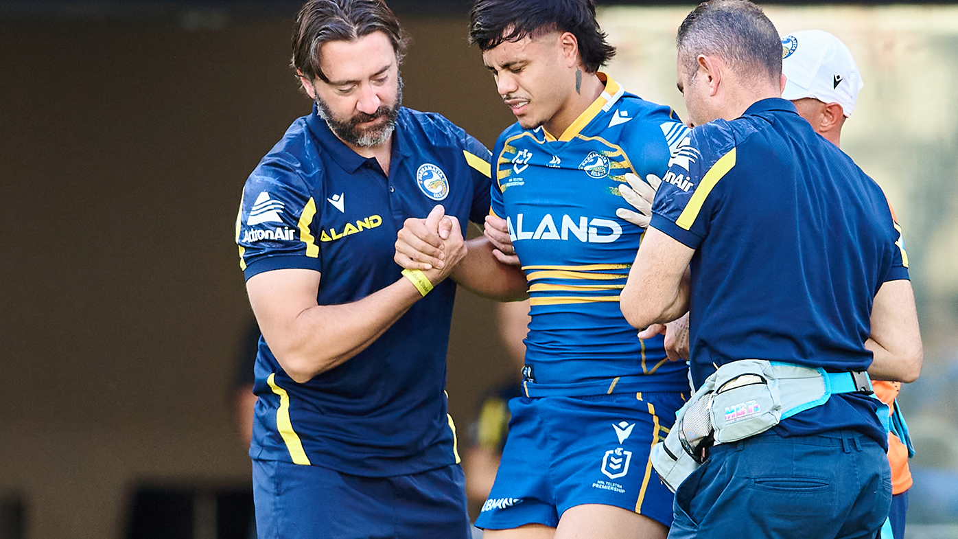 Haze Dunster of the Eels is helped from the field with an injury during the NRL Trial Match between the Parramatta Eels and and St George Illawarra Dragons at CommBank Stadium on February 20, 2022.