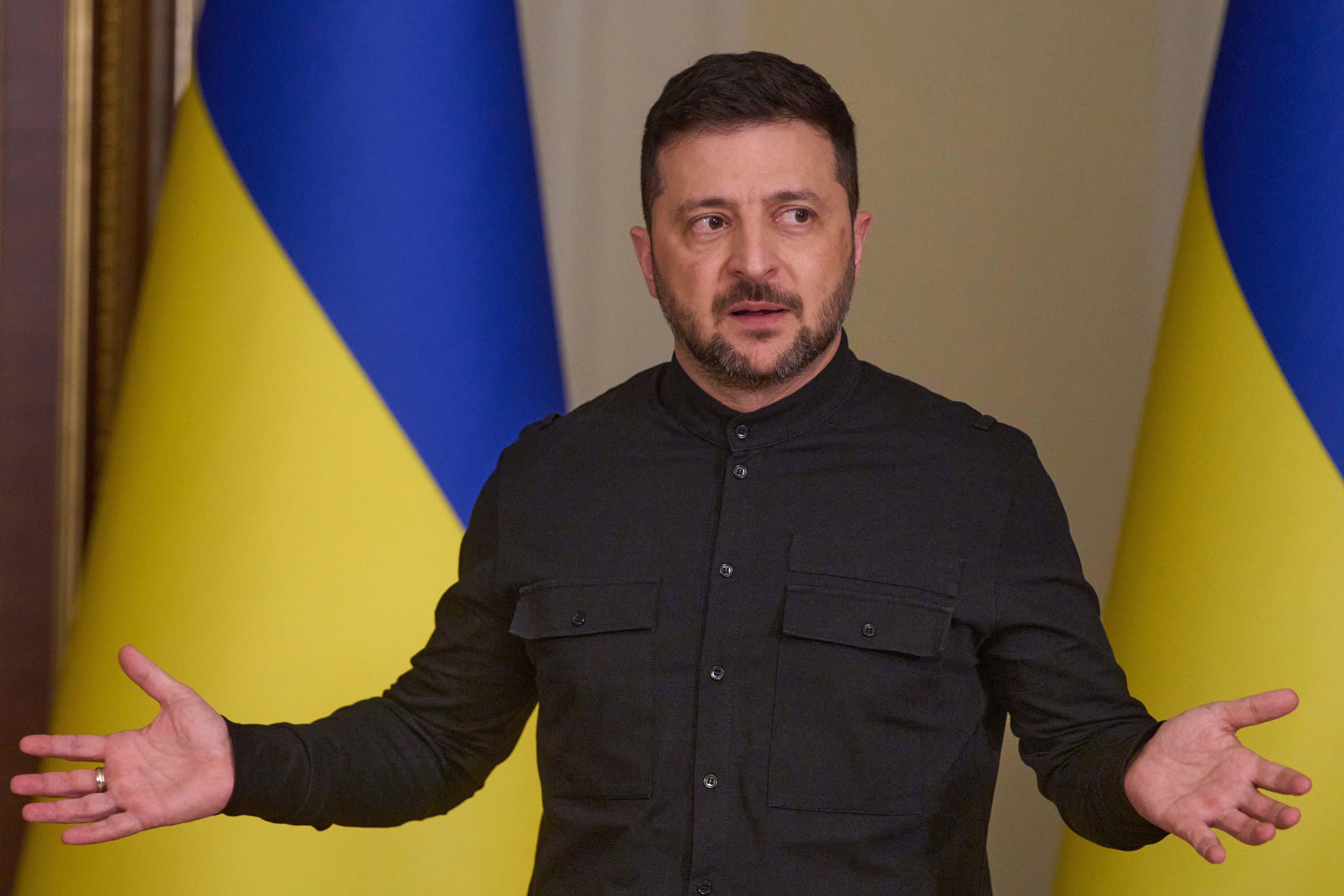 Ukrainian President Volodymyr Zelenskyy talks during a press conference in Kyiv, Ukraine