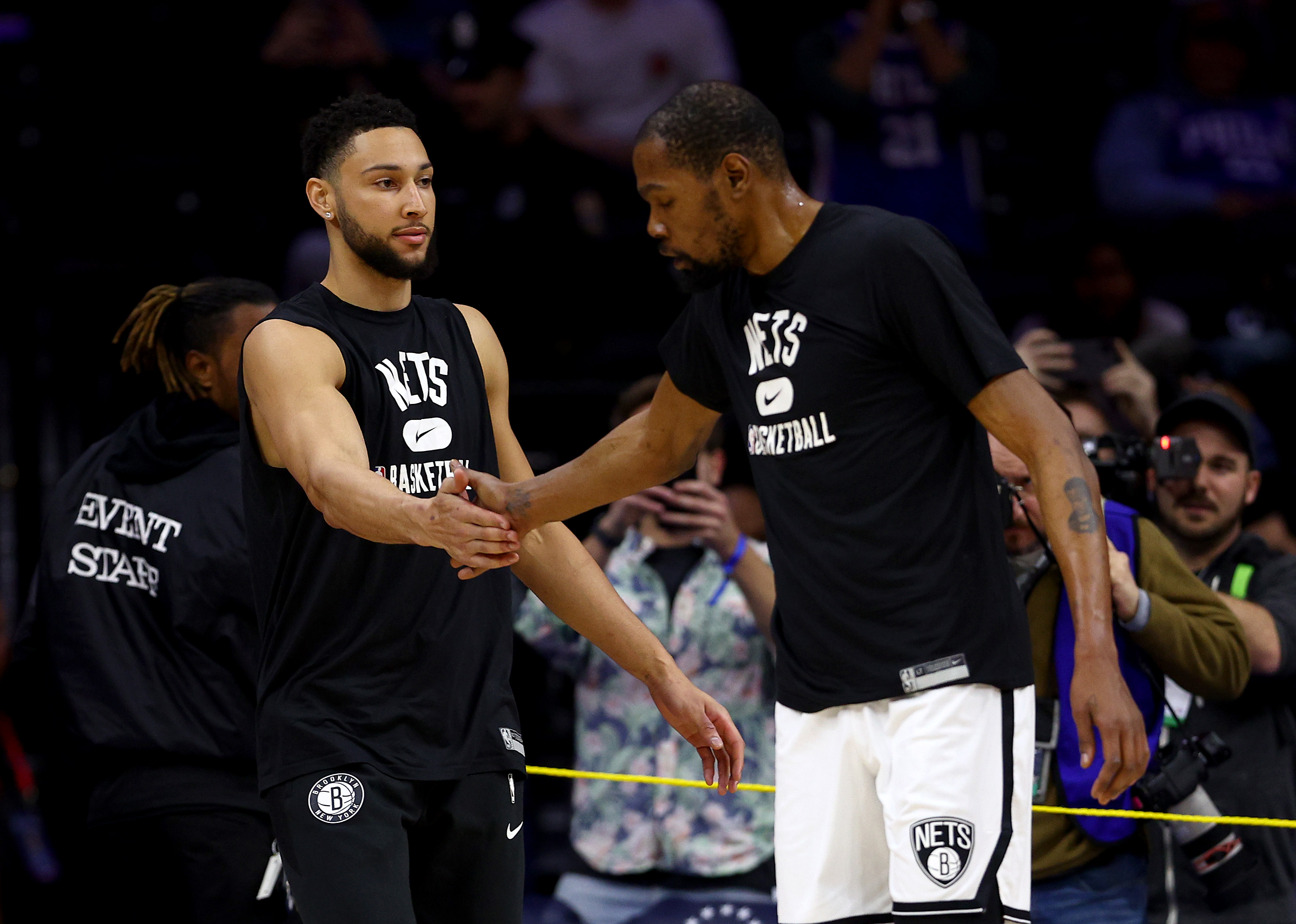 Ben Simmons and Kevin Durant of the Brooklyn Nets greet each other during warm ups before the game against the Philadelphia 76ers.