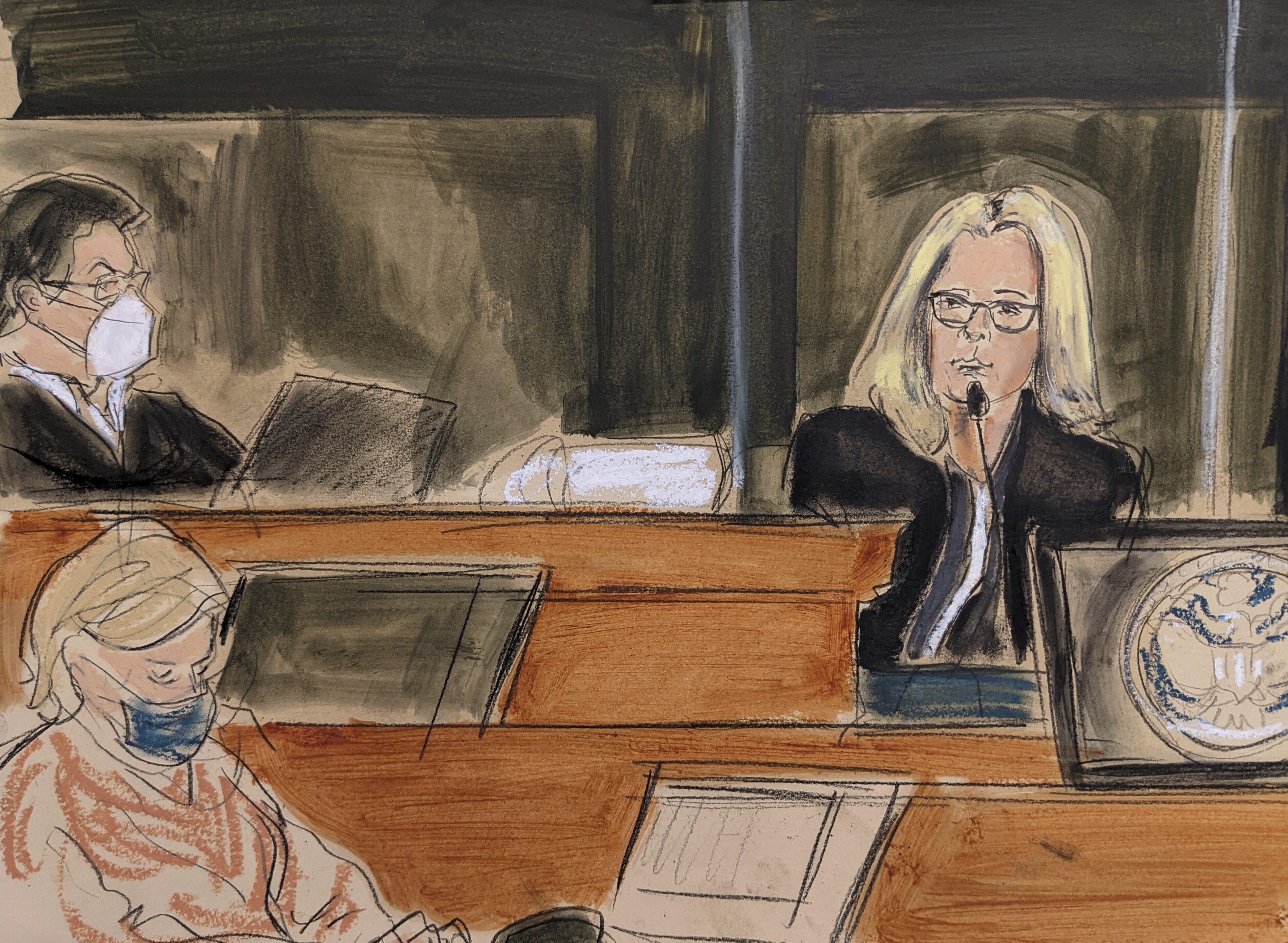 In this courtroom sketch Eva Andersson Dubin, right, testifies as Judge Alison Nathan, left, listens on the bench during the Ghislaine Maxwell's sex trafficking trial, Friday, Dec. 17, 2021, in New York. 