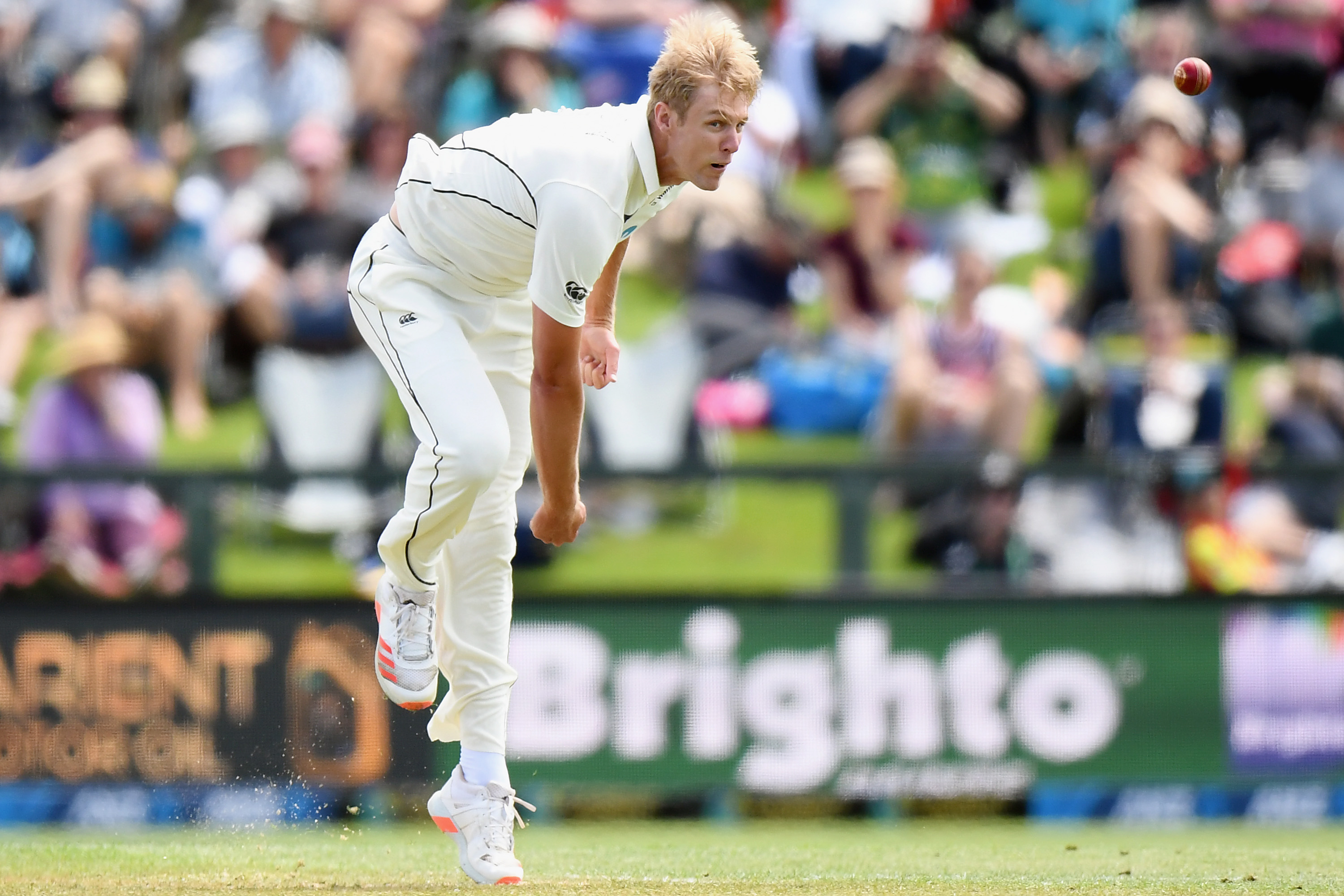 Kyle Jamieson of New Zealand bowls during day one.