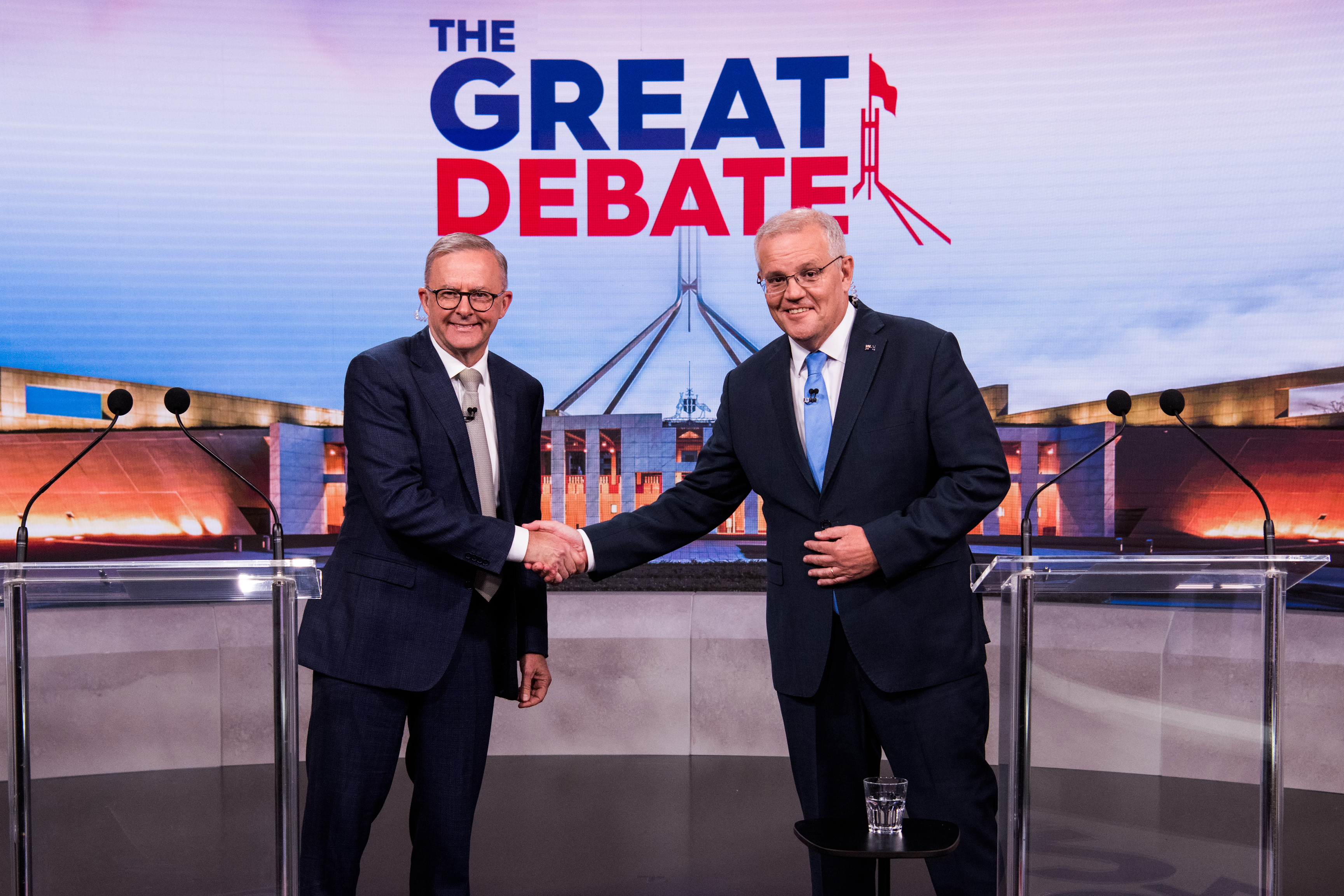 Australian Prime Minister Scott Morrison and Opposition Leader Anthony Albanese debate on live television ahead of the Federal election, to be held on Saturday 21st May 2022. Photographed at Channel Nine Leaders Debate Sunday 8th May 2022. 