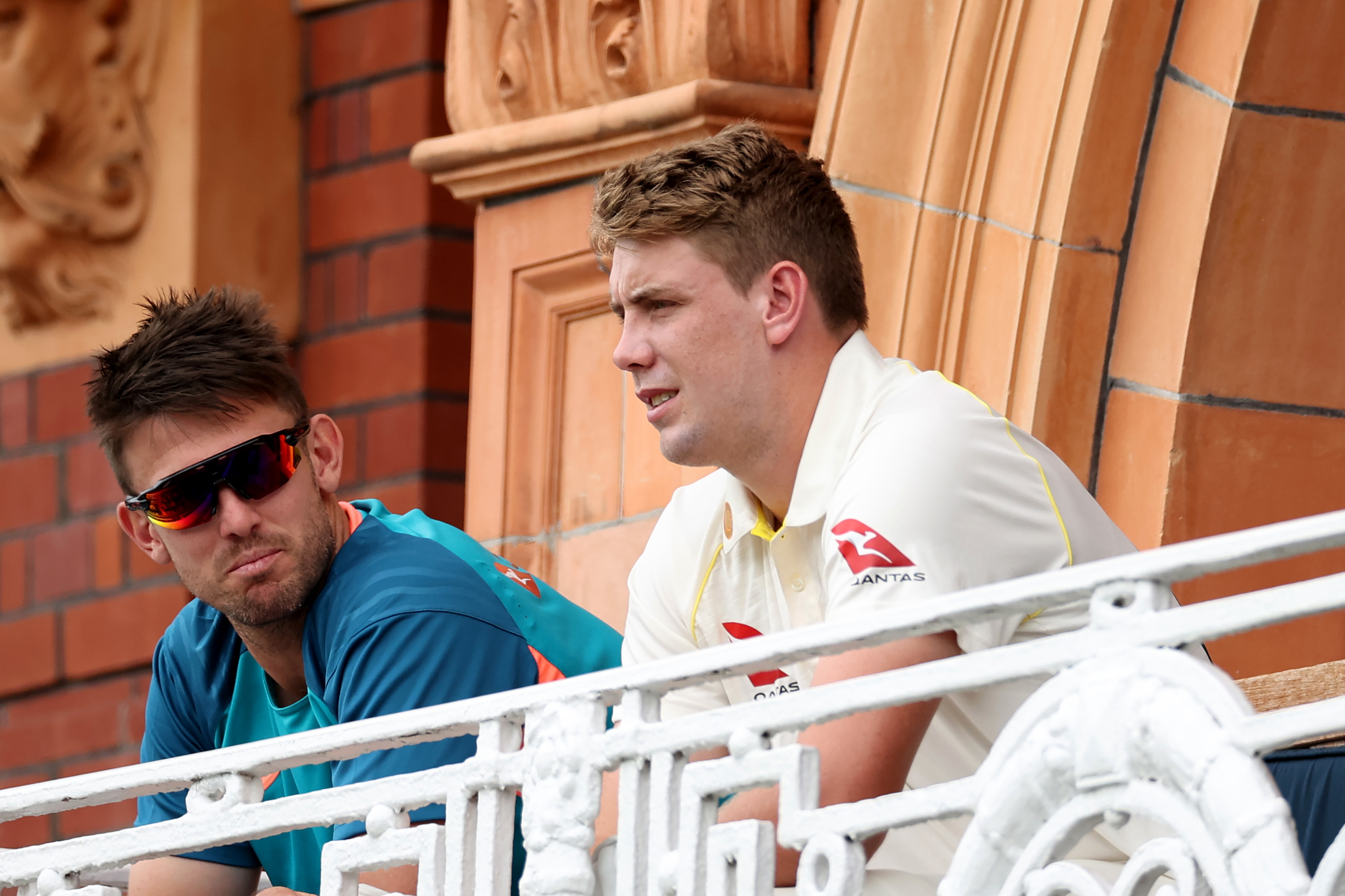 LONDON, ENGLAND - JUNE 28: Mitchell Marsh and Cameron Green of Australia  during Day One of the LV= Insurance Ashes 2nd Test match between England and Australia at Lord's Cricket Ground on June 28, 2023 in London, England. (Photo by Ryan Pierse/Getty Images)