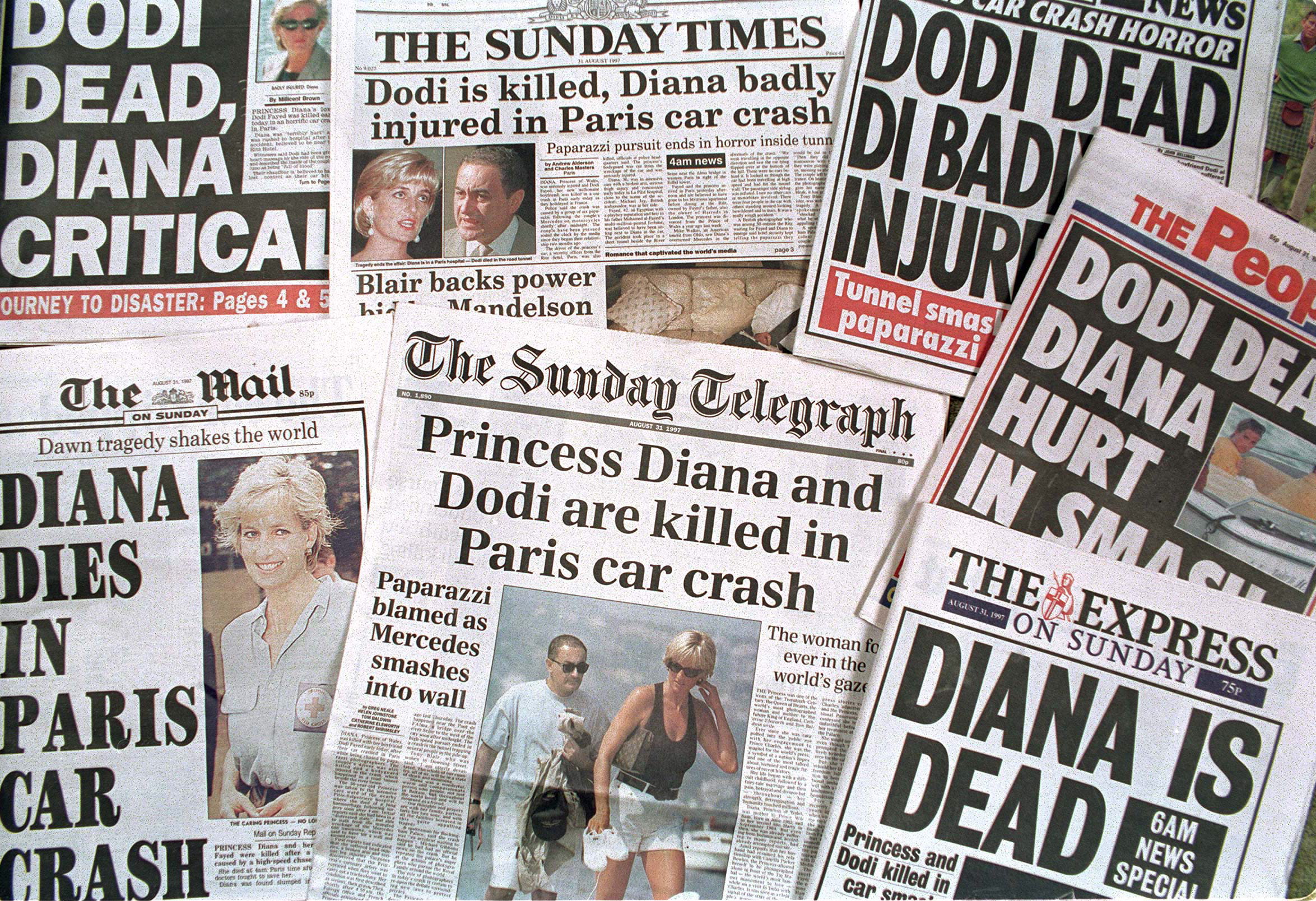 Newspapers announcing the death of Princess Diana in 1997. 