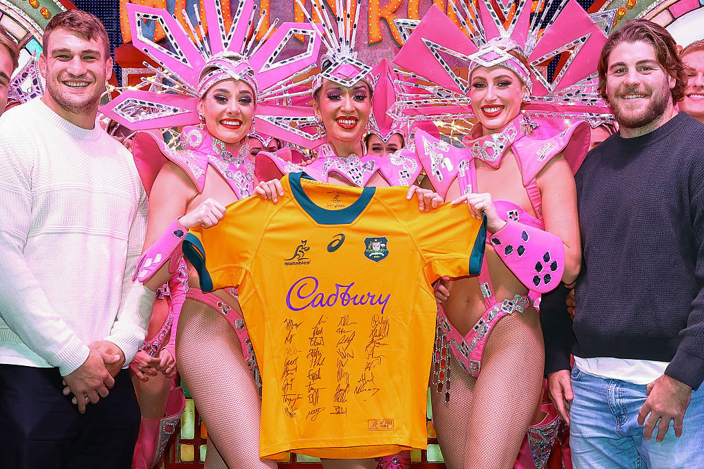 Nick Champion de Crespigny and Fraser McReight with Australian Moulin Rouge dancer Jemila Durham.