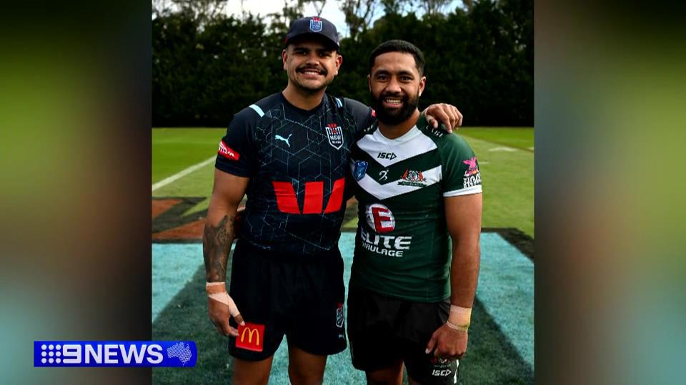 Latrell Mitchell and Semisi Kioa after their opposed session in Blues camp.