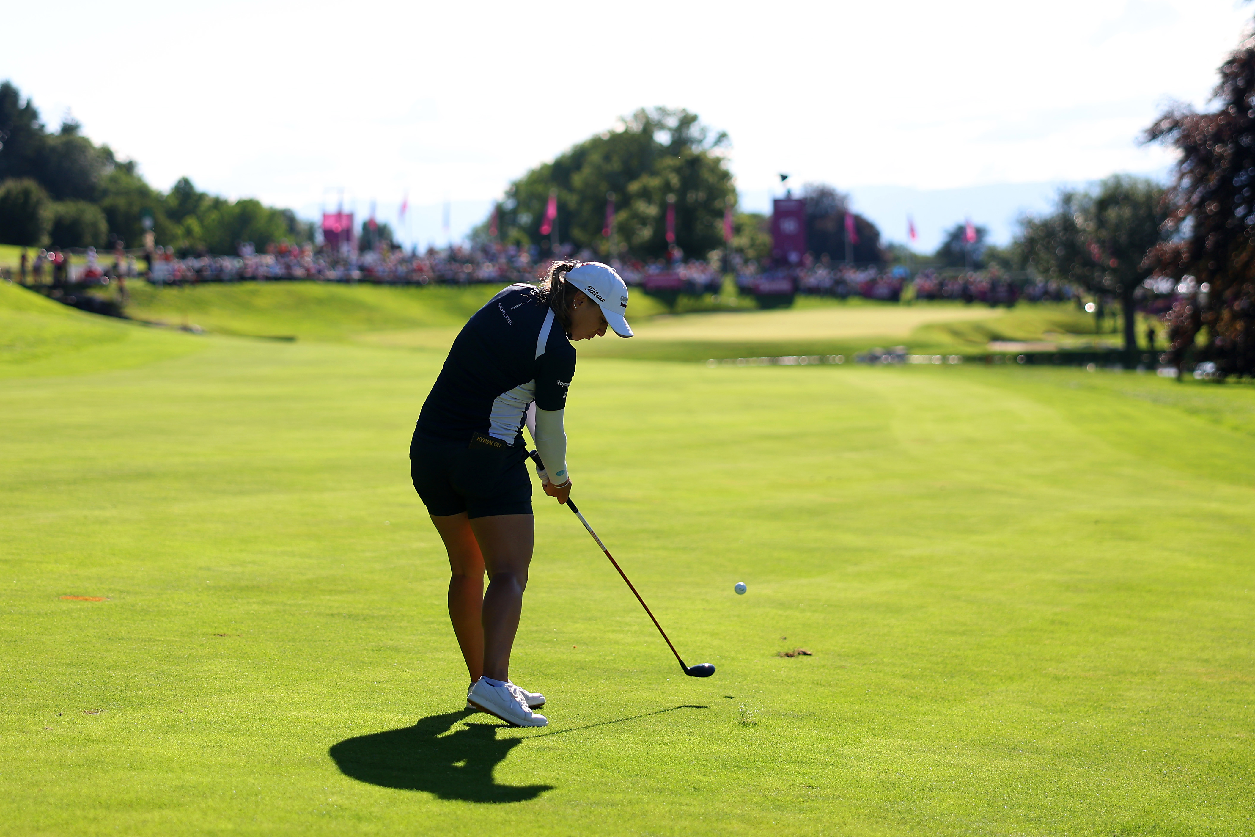 Stephanie Kyriacou of Australia plays her second shot on the 18th hole during the third round of the Amundi Evian Championship at Evian Resort Golf Club on July 13, 2024 in Evian-les-Bains, France. (Photo by Matthew Lewis/Getty Images)