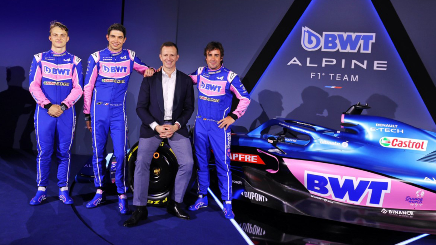 Oscar Piastri (left) along with Esteban Ocon, Alpine boss Laurent Rossi and Fernando Alonso at the launch of the 2022 car.