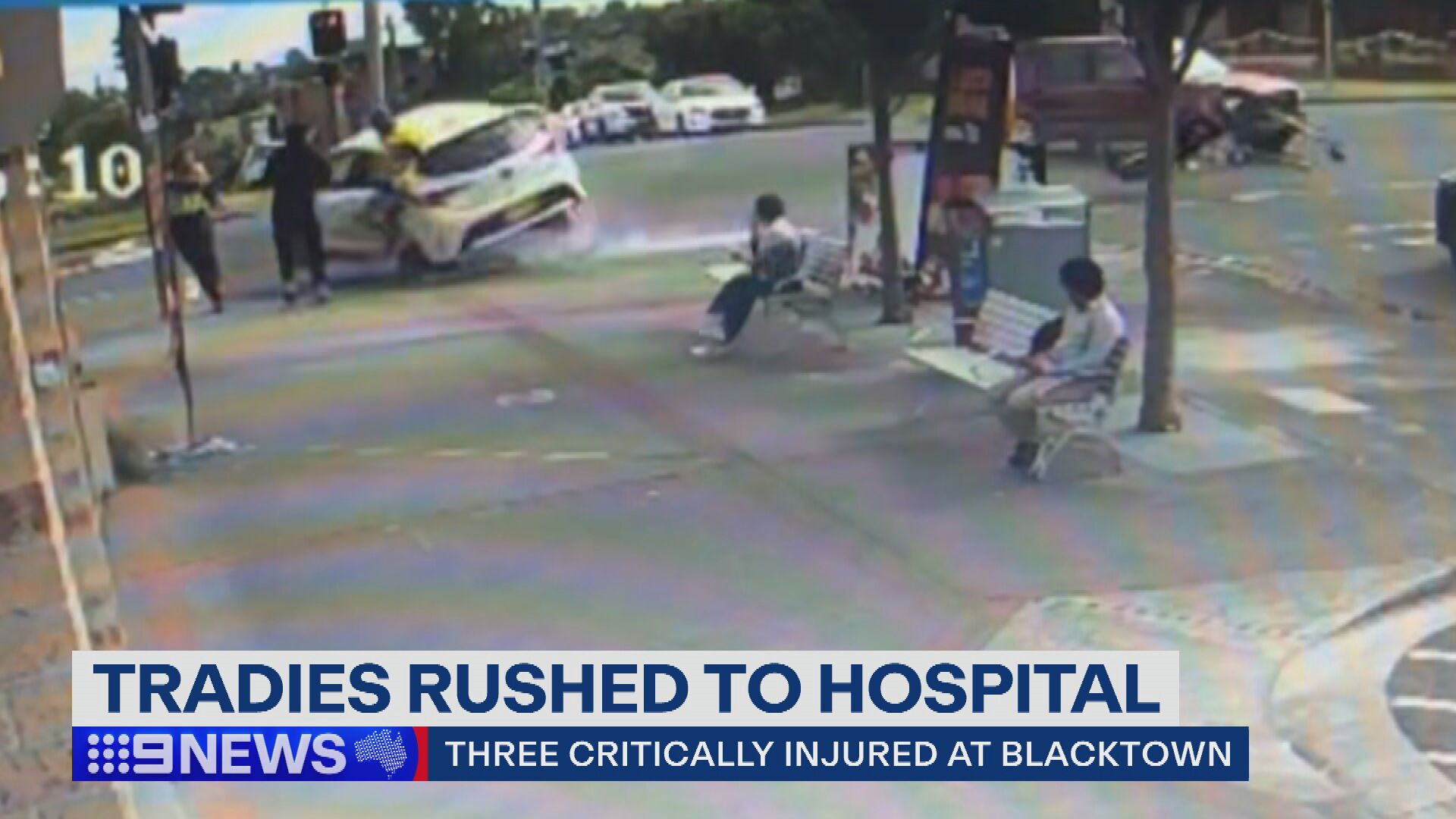 CCTV footage shows the moment the Corolla collided with the three men.