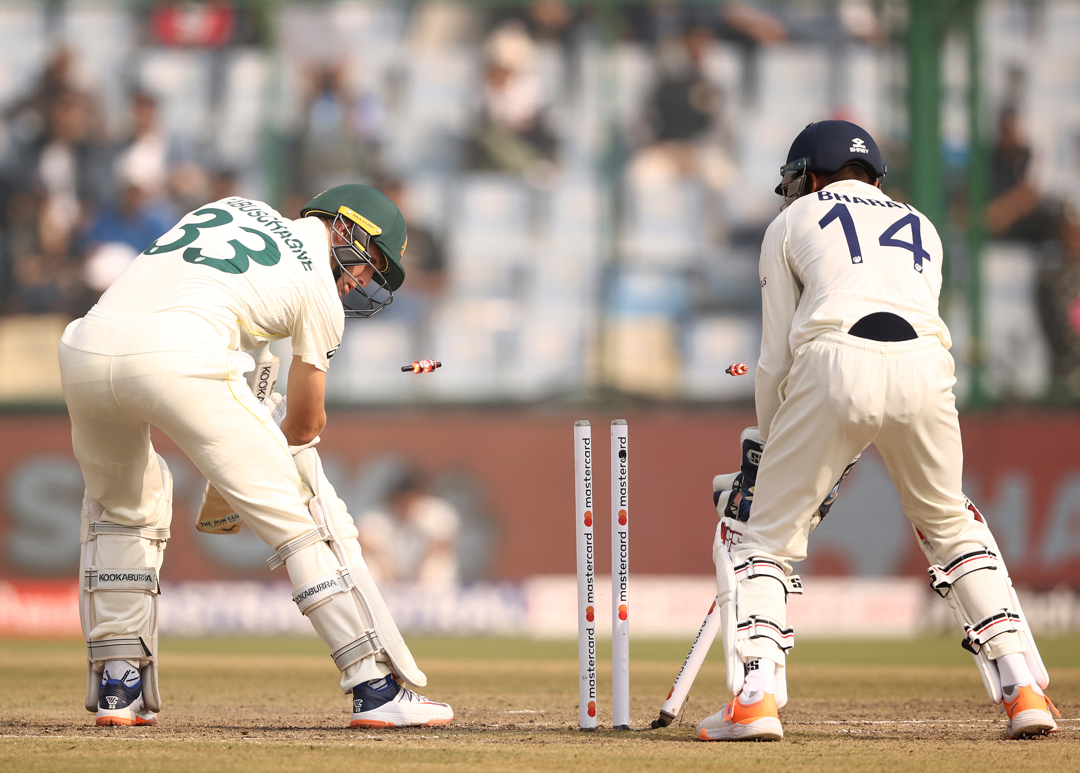 Marnus Labuschagne of Australia is bowled by Ravindra Jadeja of India during day three of the Second Test match in the series between India and Australia at Arun Jaitley Stadium on February 19, 2023 in Delhi, India. (Photo by Robert Cianflone/Getty Images)