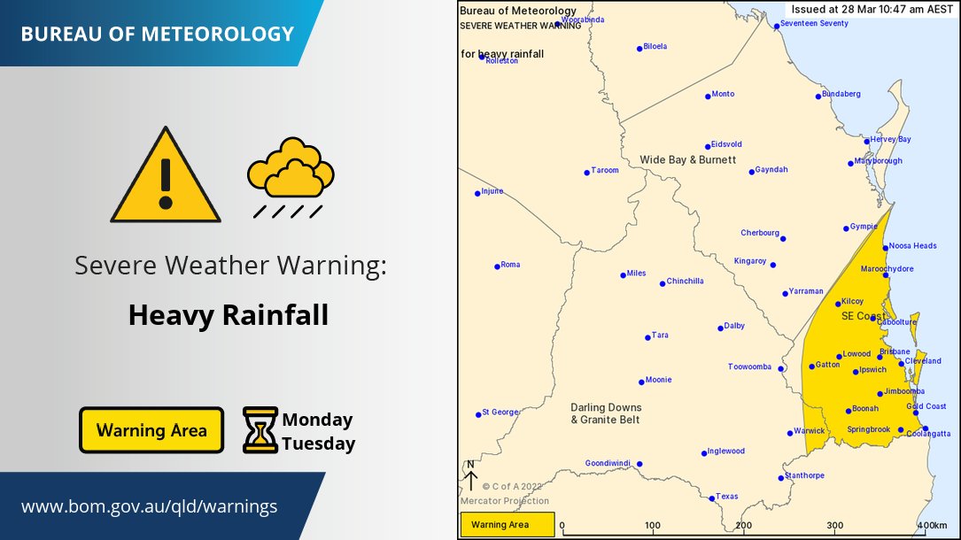 A severe weather warning is in place for people in Southeast Coast and parts of Darling Downs and Granite Belt Forecast Districts.