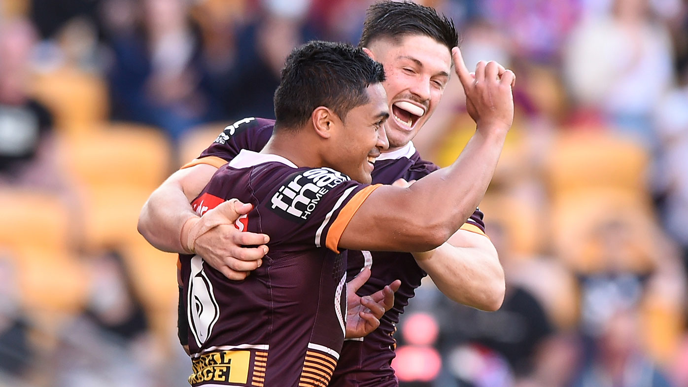 Anthony Milford of the Broncos celebrates scoring a try during the round 25 NRL match between the Brisbane Broncos and the Newcastle Knights at Suncorp Stadium, on September 04, 2021, in Brisbane, Australia. (Photo by Matt Roberts/Getty Images)