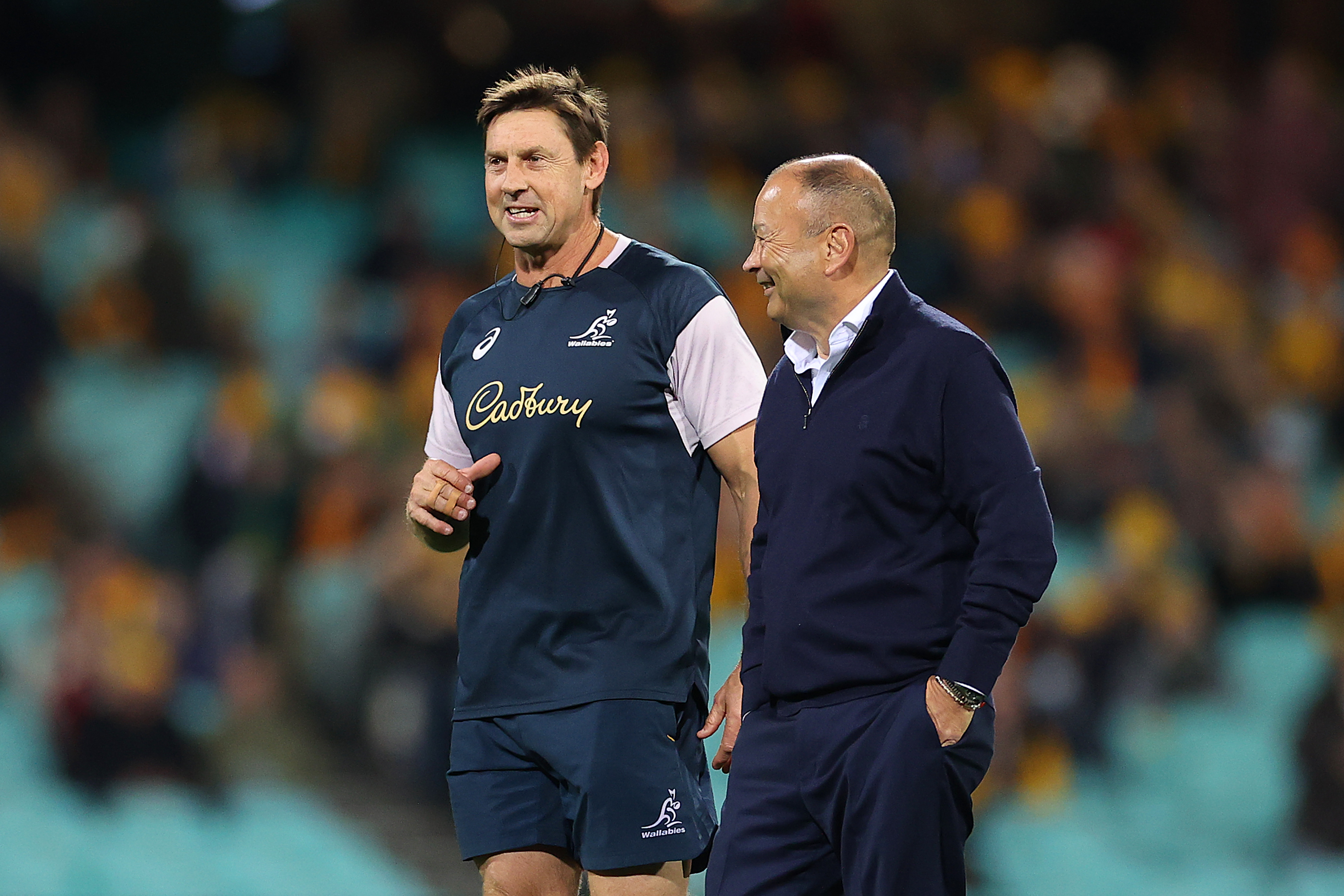 Wallabies attack coach Scott Wisemantel chats with England coach Eddie Jones at the SCG.