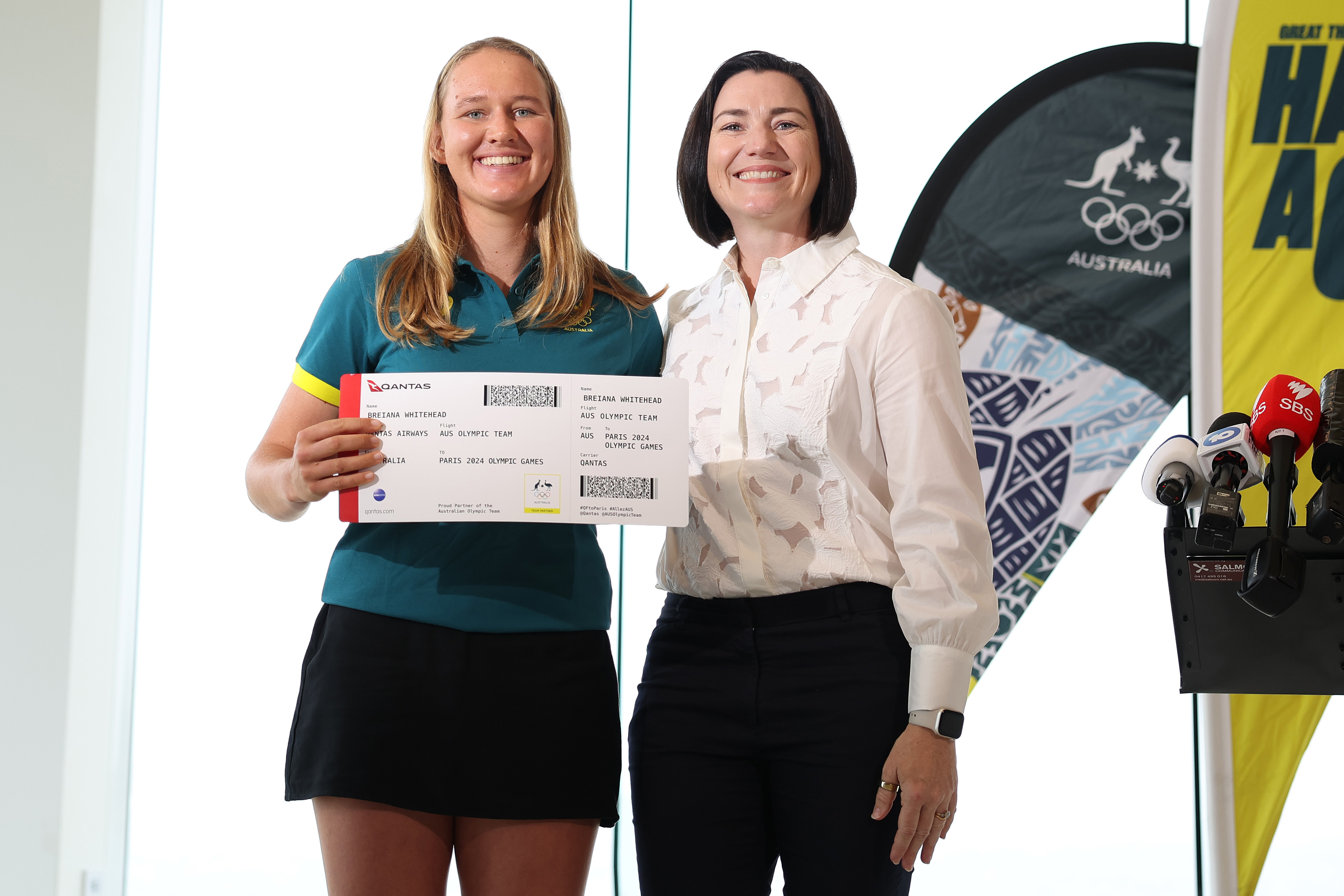 Breiana Whitehead (left) pictured with Australian Olympic team chef de mission Anna Meares at the selection announcement.