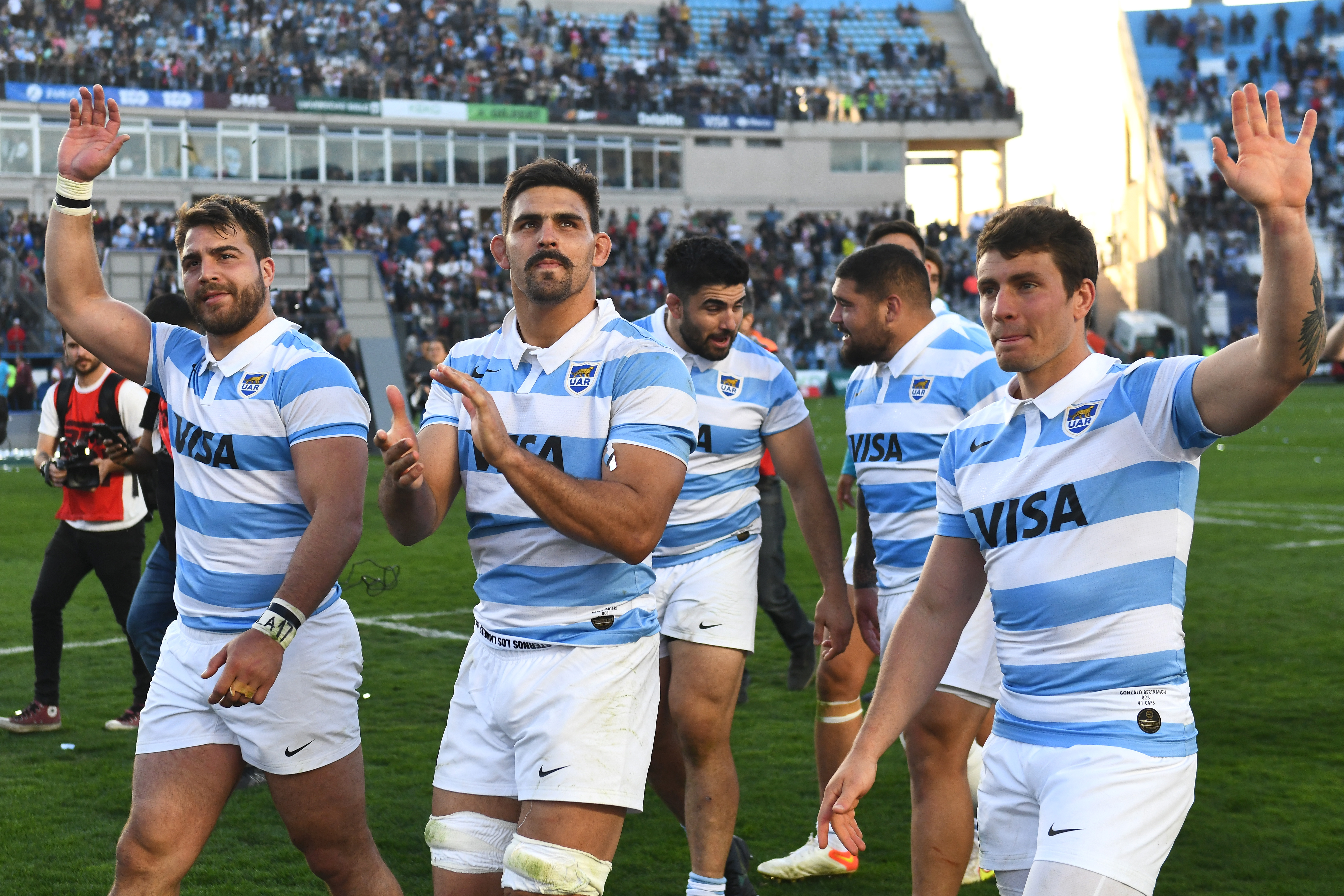 Captain Pablo Matera of Argentina  and teammates celebrate after winning a Rugby Championship match between Argentina and Australian at San Juan del Bicentenario Stadium