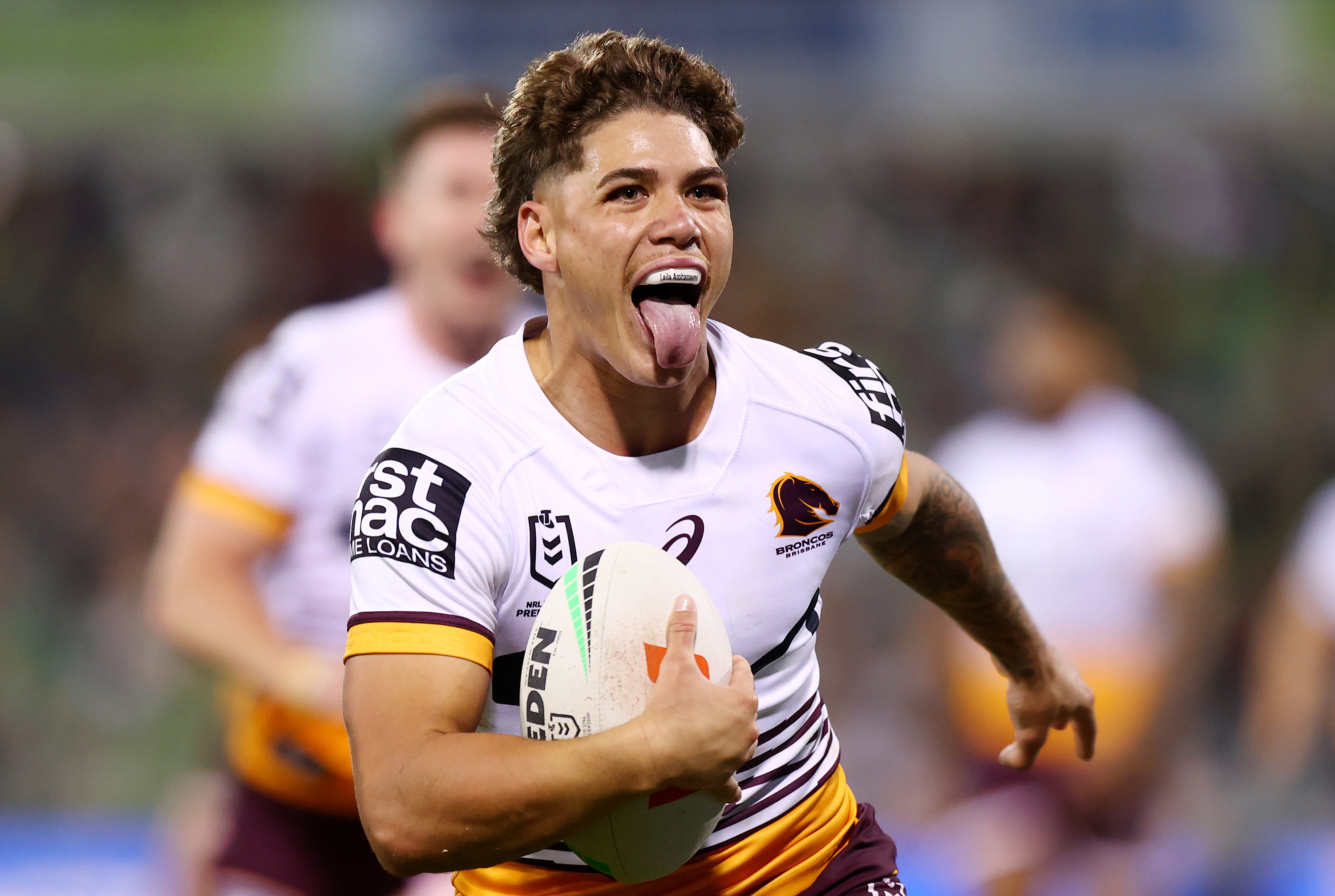 CANBERRA, AUSTRALIA - AUGUST 26: Reece Walsh of the Broncos heads to the try line to score during the round 26 NRL match between Canberra Raiders and Brisbane Broncos at GIO Stadium on August 26, 2023 in Canberra, Australia. (Photo by Mark Nolan/Getty Images)