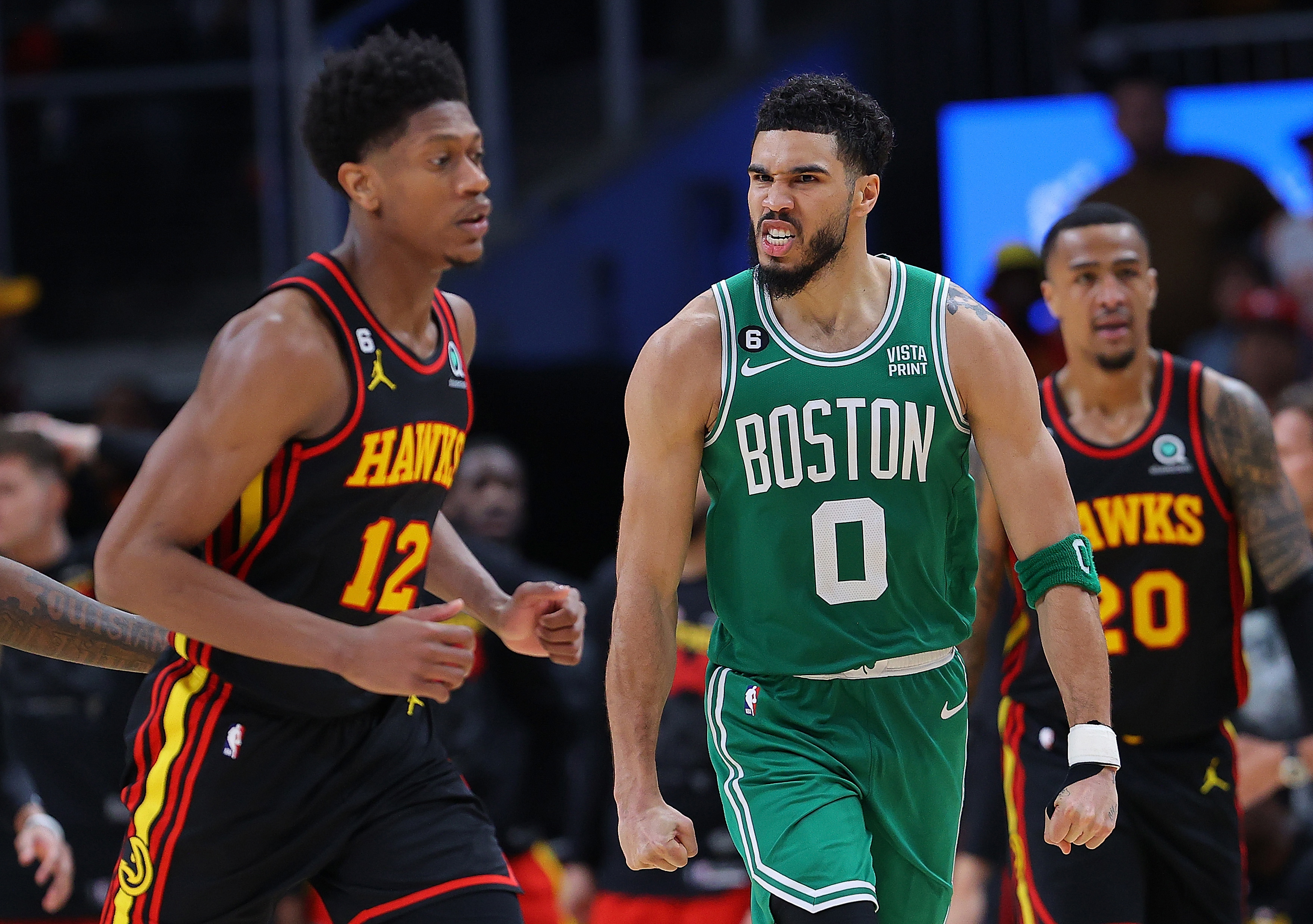 ATLANTA, GEORGIA - APRIL 27:  Jayson Tatum #0 of the Boston Celtics reacts after dunking the ball on a rebound against the Atlanta Hawks during the fourth quarter of Game Six of the Eastern Conference First Round Playoffs at State Farm Arena on April 27, 2023 in Atlanta, Georgia.  NOTE TO USER: User expressly acknowledges and agrees that, by downloading and or using this photograph, User is consenting to the terms and conditions of the Getty Images License Agreement.  (Photo by Kevin C. Cox/Gett