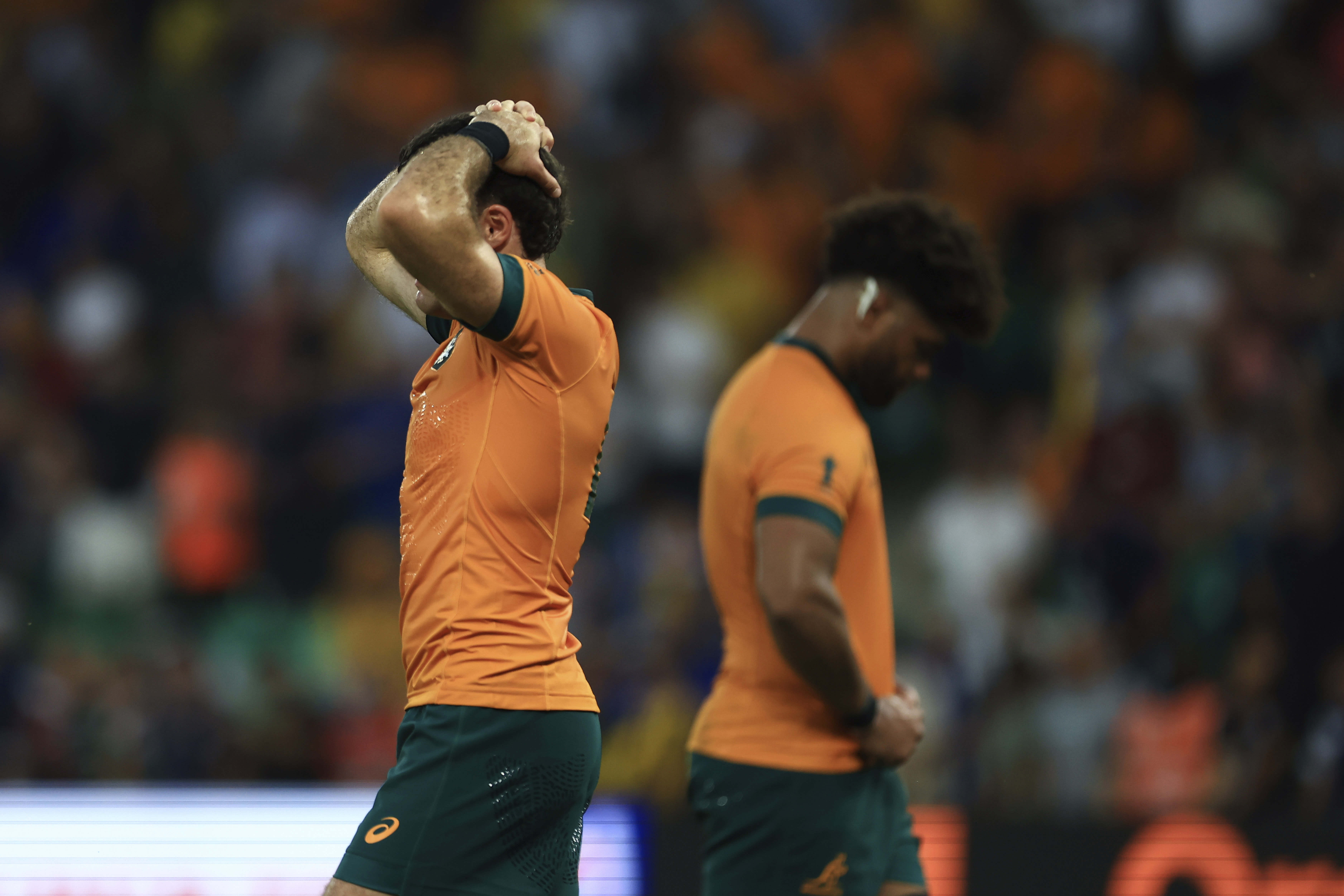 Ben Donaldson (left) and Rob Valetini after Australia's loss to Fiji.