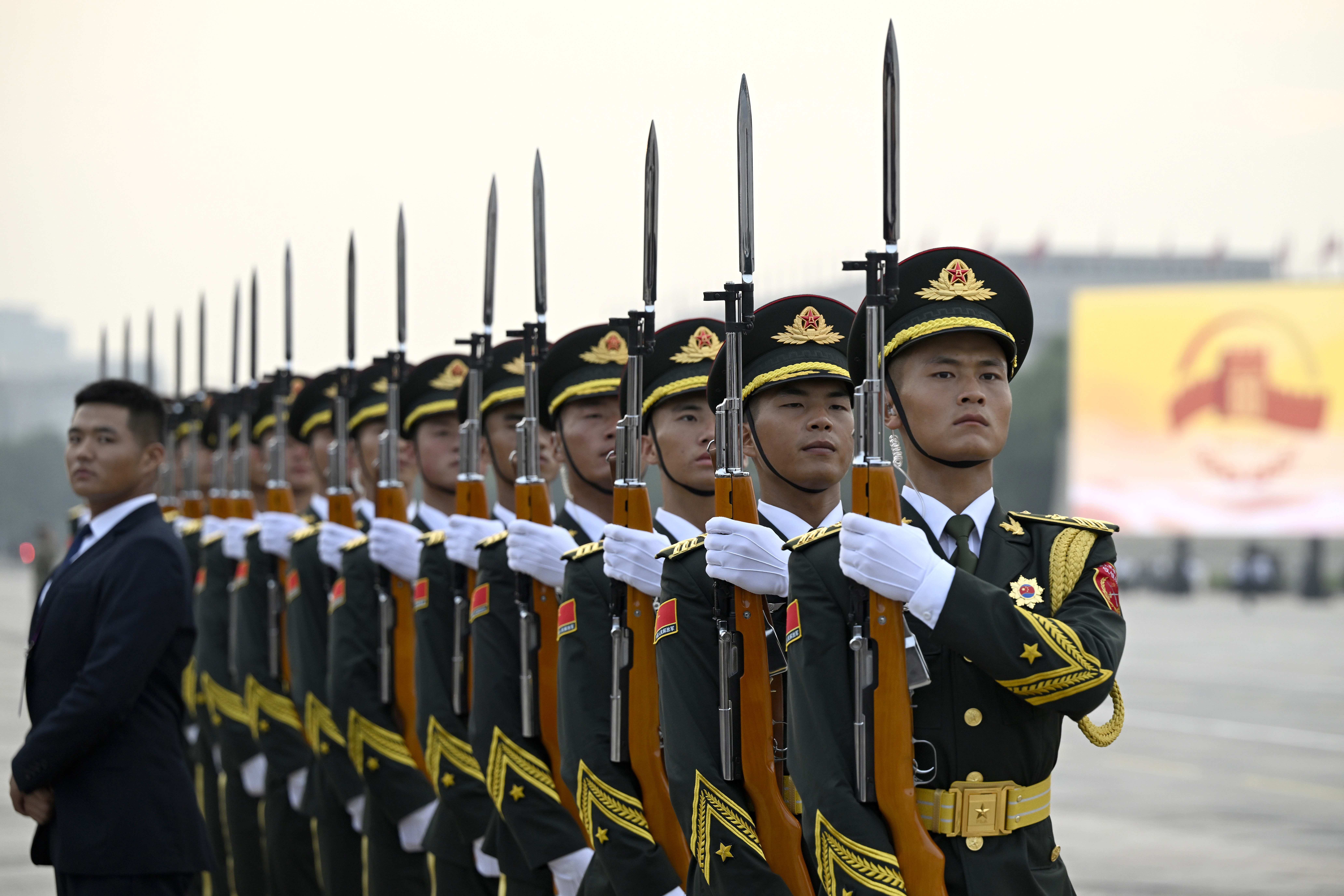 Soldiers rehearse prior to the military parade.